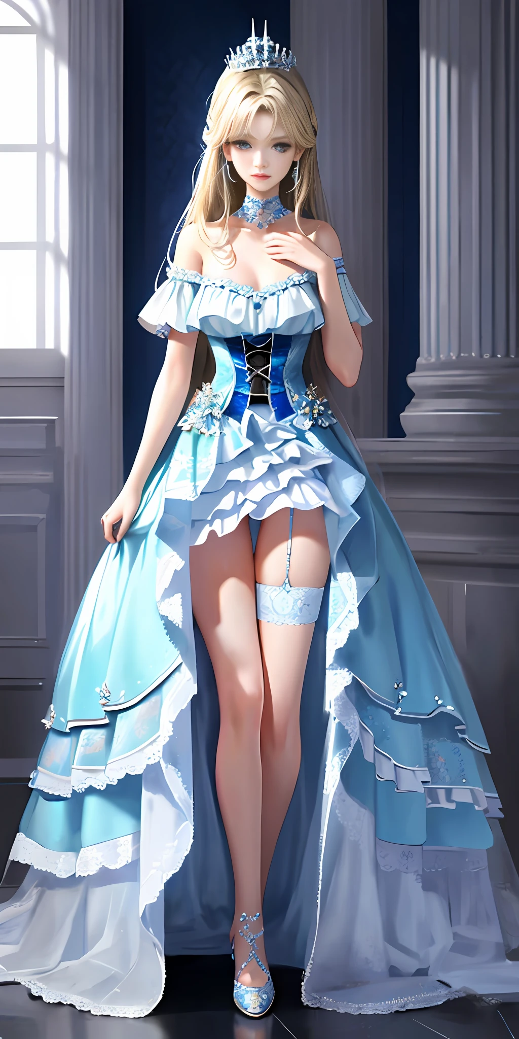 [blue:aqua:0.65] theme, masterpiece, a girl's masterpiece, detailed visual art, blue eyes, light blonde hair, long hair, collarbone, royal princess, elegant, gorgeous quinceanera corset, corset piercing, detailed layered skirt, [detailed frills: 0.1], [frilled dress: 0.1], embroidery, [details princess dress: 0.1], off-the-shoulder, big breasts: 1.3, open crotch, thigh seam, garter belt, groin, [NSFW| uncensored], (simple background: 1.1), low-winged, full-body