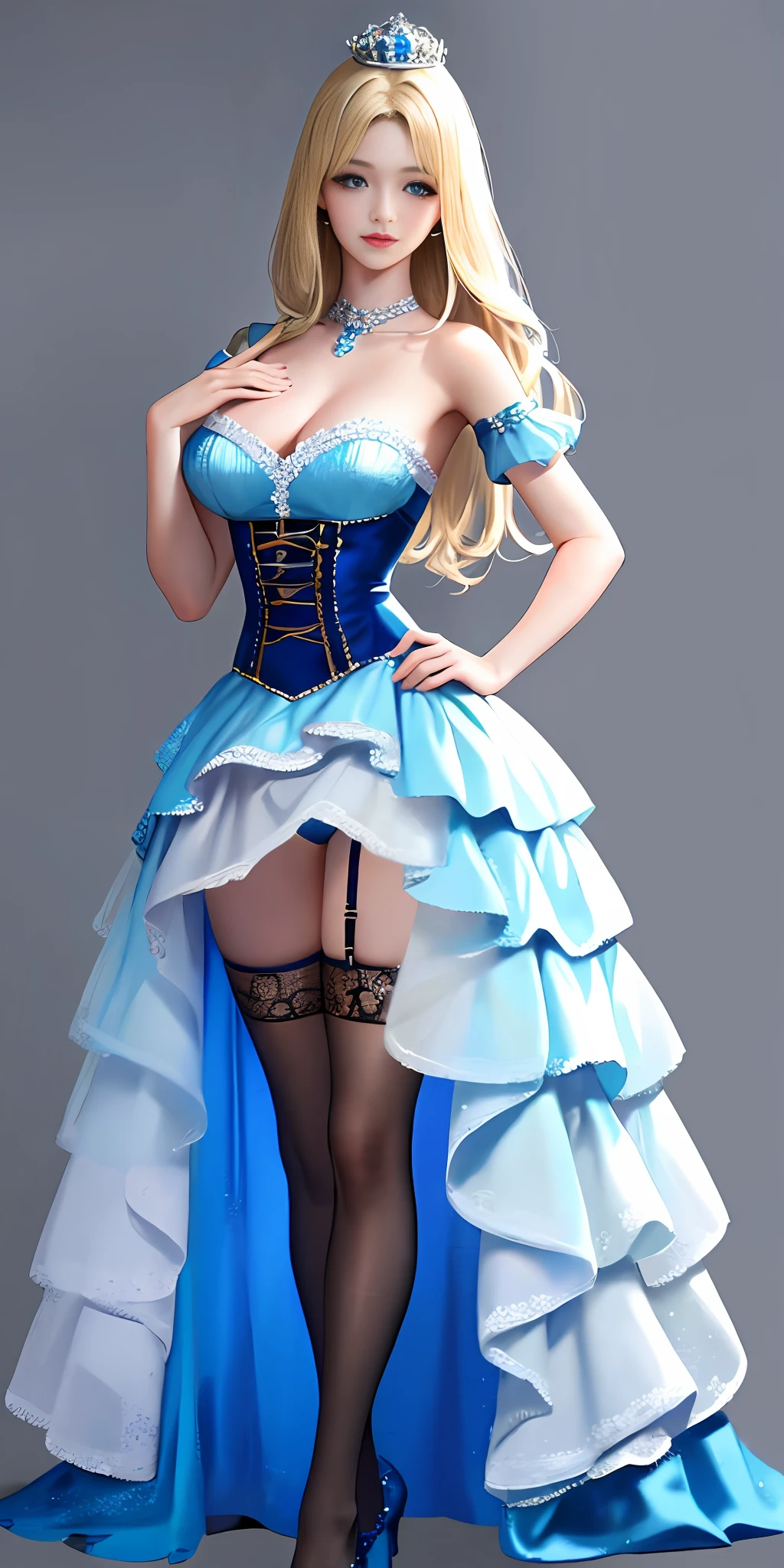[blue:aqua:0.65] theme, masterpiece, a girl's masterpiece, detailed visual art, blue eyes, light blonde hair, long hair, collarbone, royal princess, elegant, gorgeous quinceanera corset, corset piercing, detailed layered skirt, [detailed frills: 0.1], [frilled dress: 0.1], embroidery, [details princess dress: 0.1], off-the-shoulder, big breasts: 1.3, open crotch, thigh seam, garter belt, groin, [NSFW| uncensored], (simple background: 1.1), low-winged, full-body