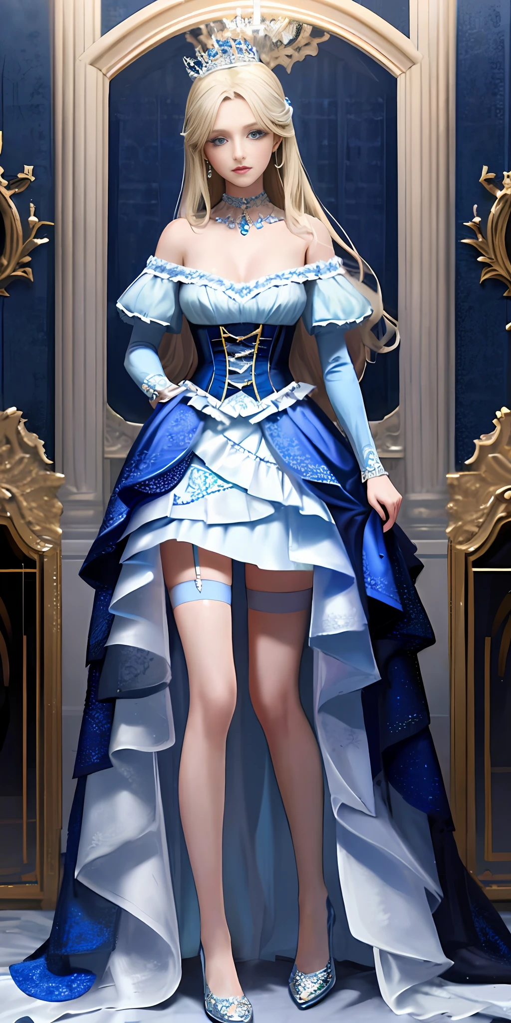 [blue:aqua:0.65] theme, masterpiece, a girl's masterpiece, detailed visual art, blue eyes, light blonde hair, long hair, collarbone, royal princess, elegant, gorgeous quinceanera corset, corset piercing, detailed layered skirt, [detailed frills: 0.1], [frilled dress: 0.1], embroidery, [details princess dress: 0.1], off-the-shoulder, big breasts: 1.3, open crotch, thigh seam, garter belt, groin, [NSFW| uncensored], (simple background: 1.1), low-winged, full-body