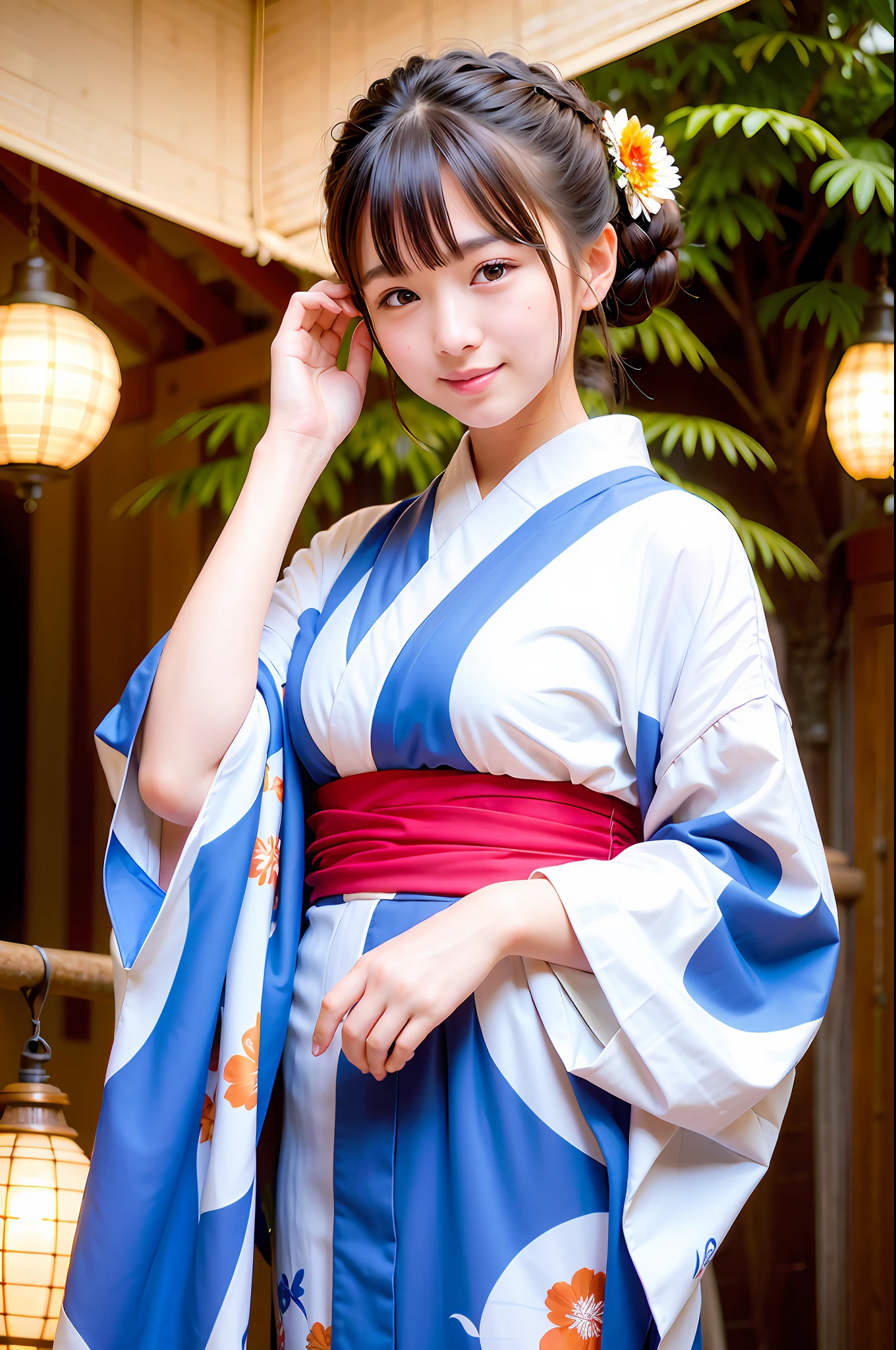 beautiful woman, (wearing a kimono_clothes: 1.3 with a clean pattern), holidays, fireworks,
Good hands, 4K, high resolution, masterpiece, top quality, head: 1.3, (((Hasselblad photo)), big, smile, fine skin, sharp focus, (movie lighting), night, soft lighting, dynamic angle, [:( detail face: 1.2): 0.2], outside, glimpsed, sleeves,