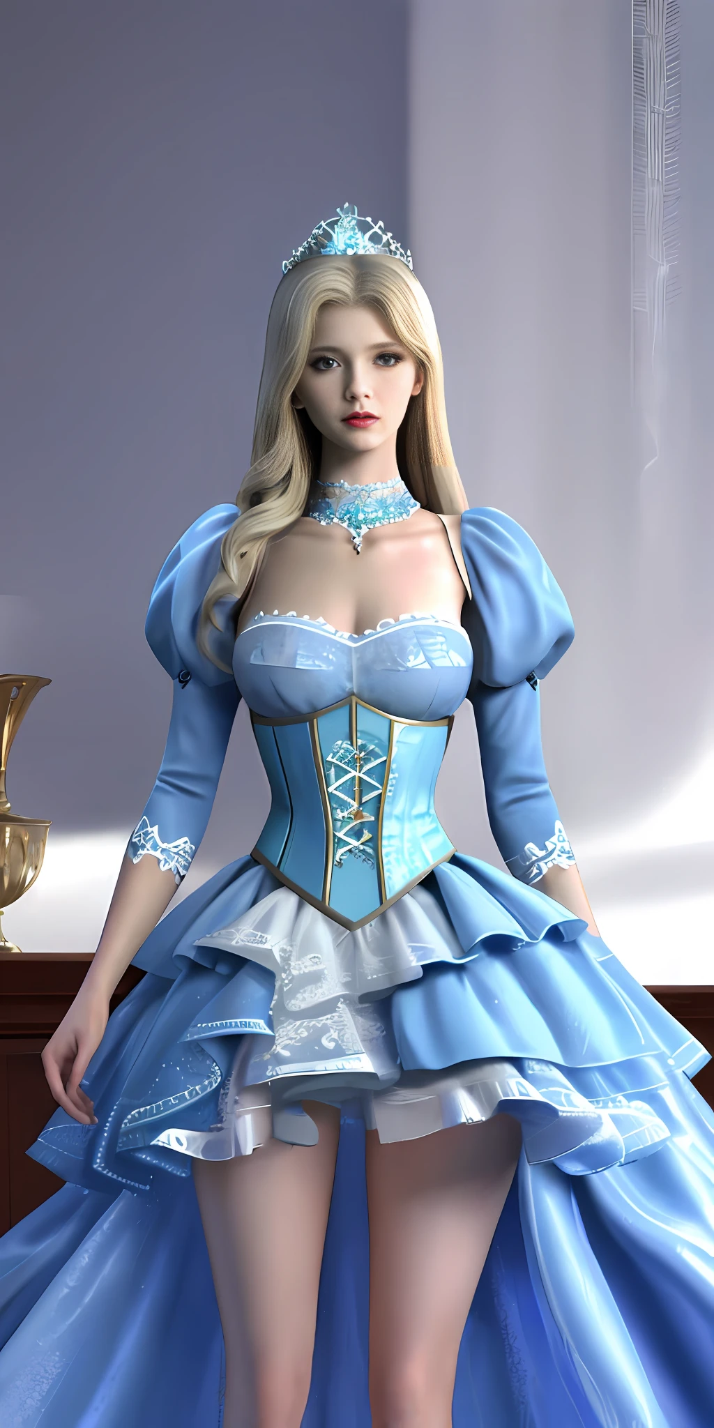 [blue:aqua:0.65] theme, masterpiece, a girl's masterpiece, detailed visual art, blue eyes, light blonde hair, long hair, collarbone, royal princess, elegant, gorgeous quinceanera corset, corset piercing, detailed layered skirt, [detailed frills: 0.1], [frilled dress: 0.1], embroidery, [detail princess dress: 0.1], open shoulders, open crotch, thigh seam, garter, groin, [NSFW| uncensored], (simple background: 1.1), low-winged, full-body