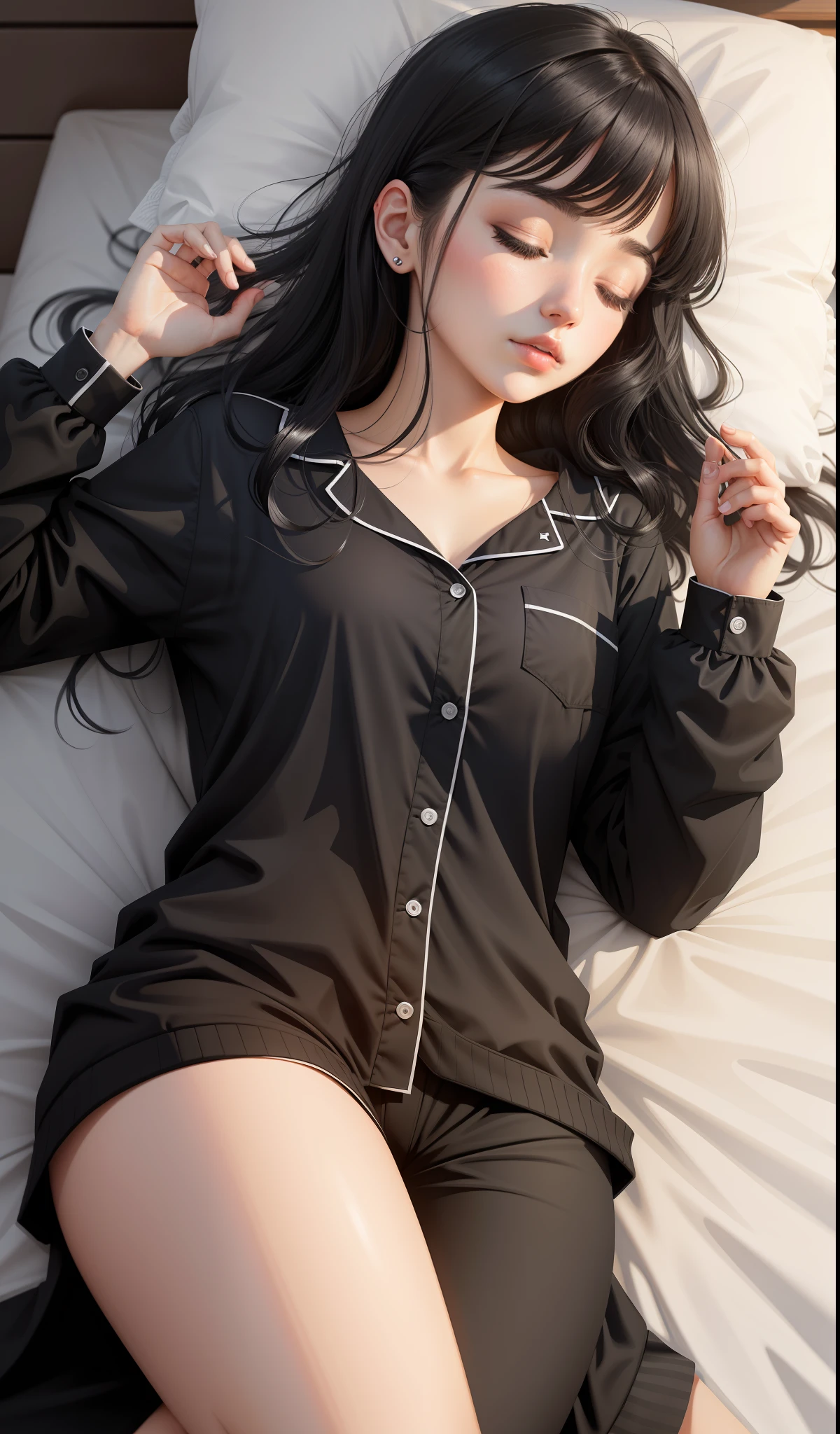 Sleeping girl, 22 years old, realistic, she is wearing black long pajama, black hair.