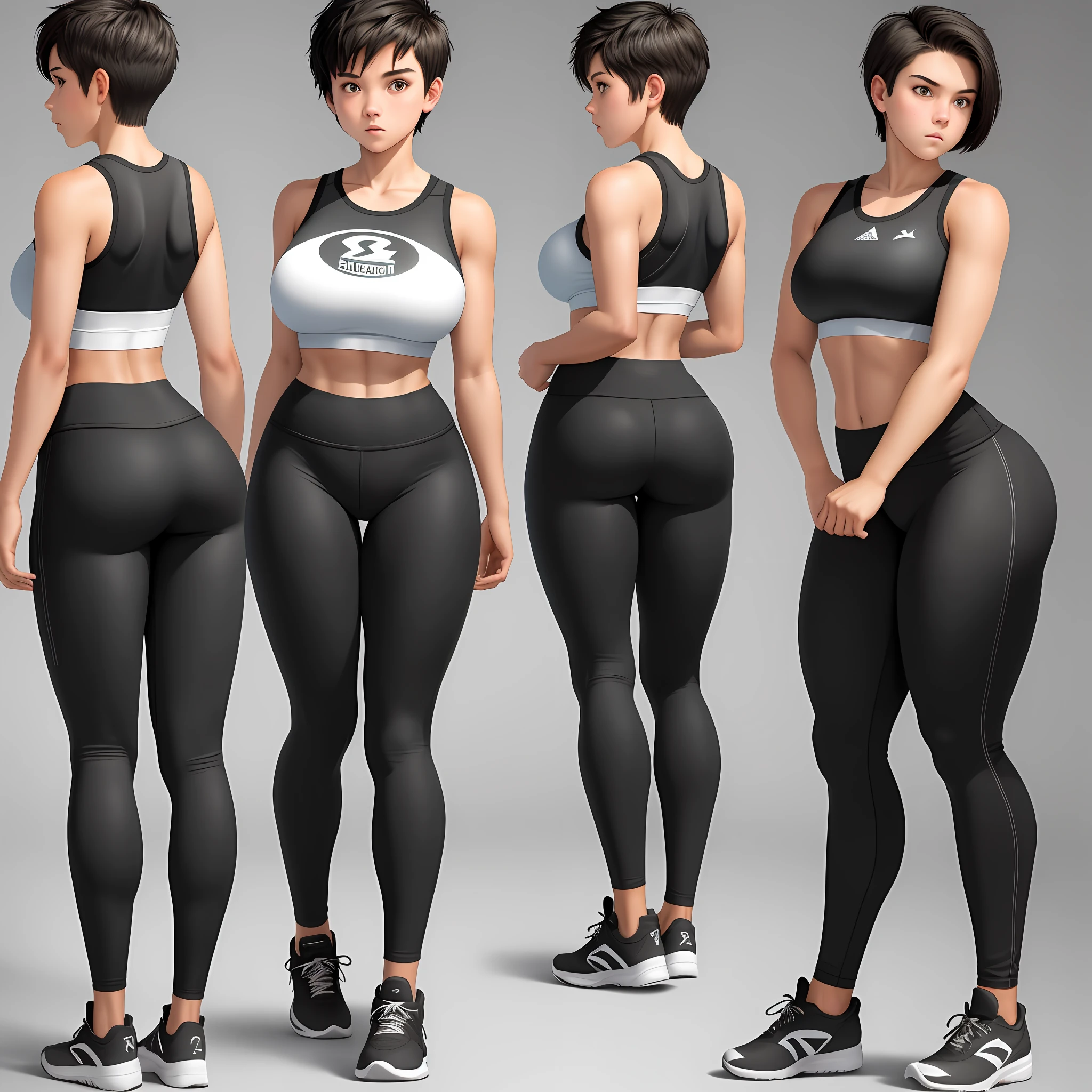 Athletic Teen, Tomboy, short haired, big breasts, Leggings, Back view, Expression, Fit body, Average height, fit thighs, tight butt, checking out her body