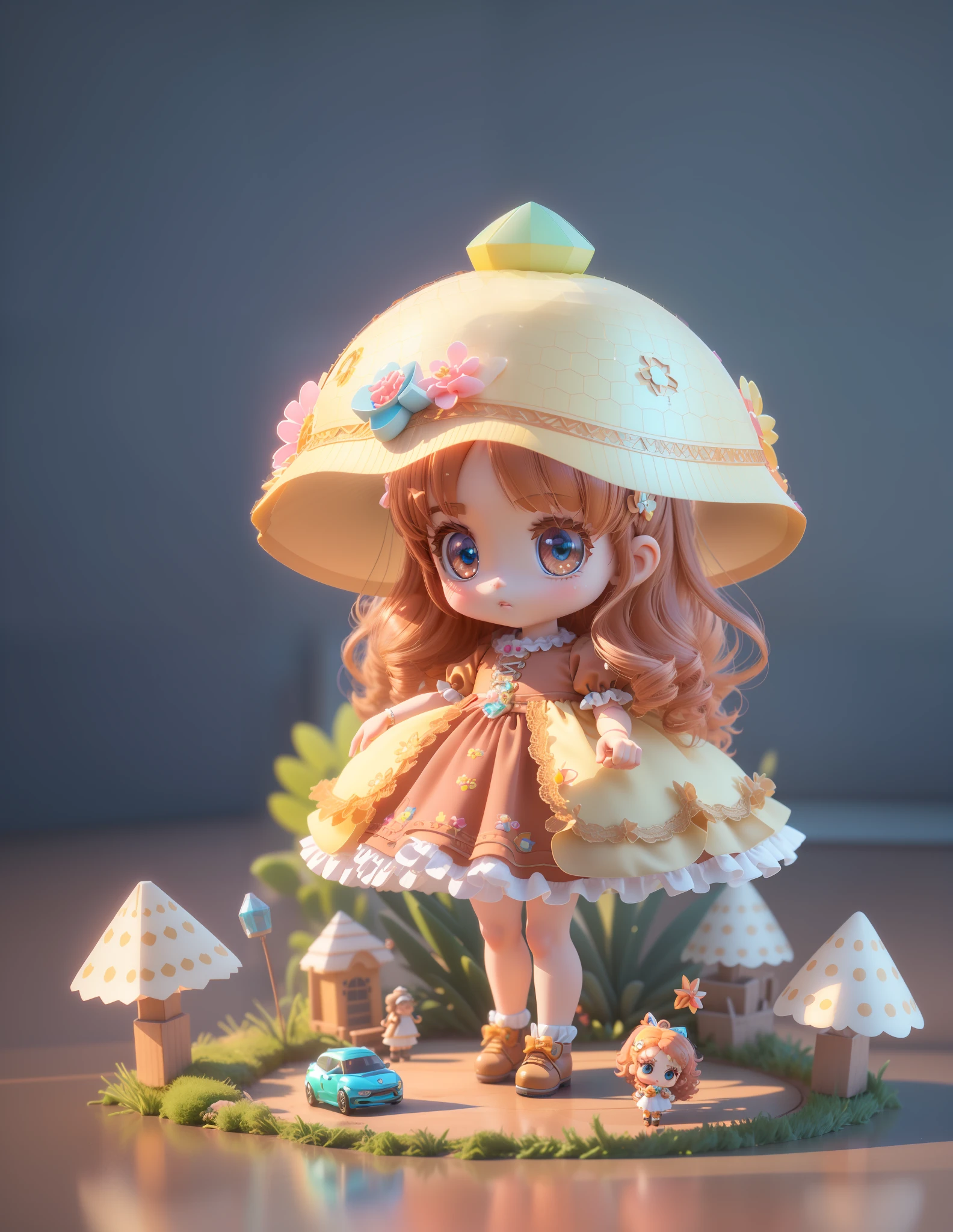 Detailed plastic material, best quality, (very detailed model), (best quality), octane rendering, ray tracing, very detailed, 3D toys, exaggerated huge hair, little girl (full body)( 3D hair, cute hair accessories, ((child)), beautiful eyes, cute big eyes, cute face, chibi, c4d, Octane rendering, Blender, high definition, full body, -6