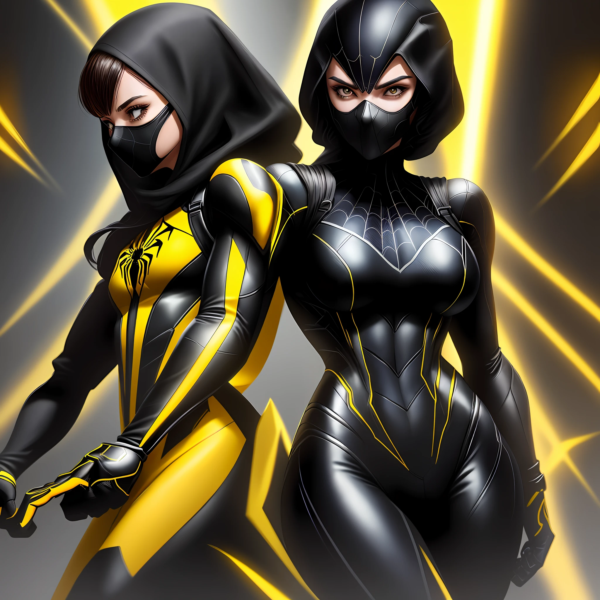 The female Spider-Man wears a black and yellow color scheme mechanical Spider-Man suit.She has a sleek and tight-fitting black suit with yellow accents, featuring intricate web-like designs. The suit has a spider emblem on the chest and back, and her face is covered with a black mask with large white eyes. She is also wearing black gloves and boots with yellow highlights. Overall, she looks powerful and ready to take on any challenge.