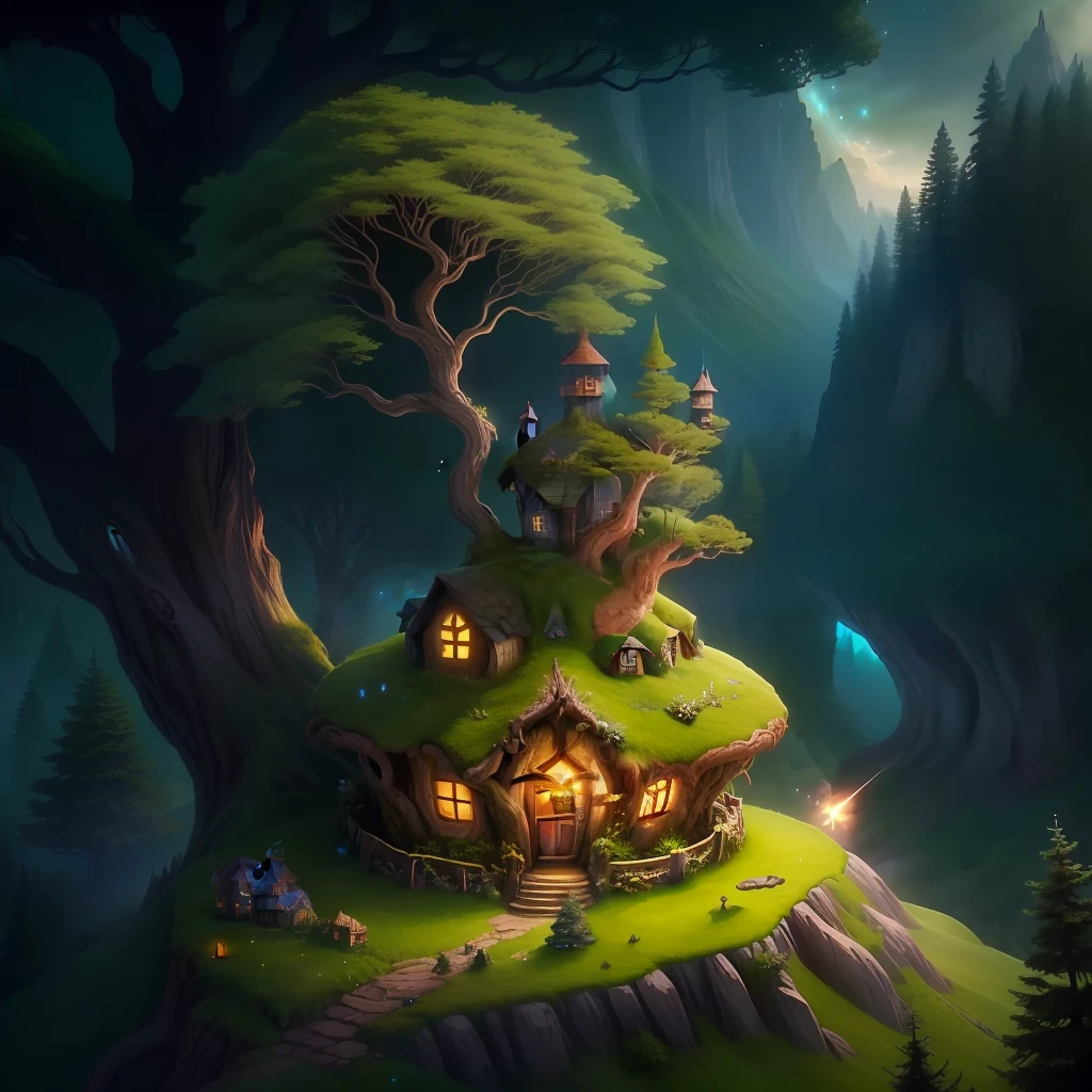large fairies throwing pixie dust,tree of life on top isolated hobbit house on a hill, include entire tree top,dreamlike creation, 8K-upscale —-
