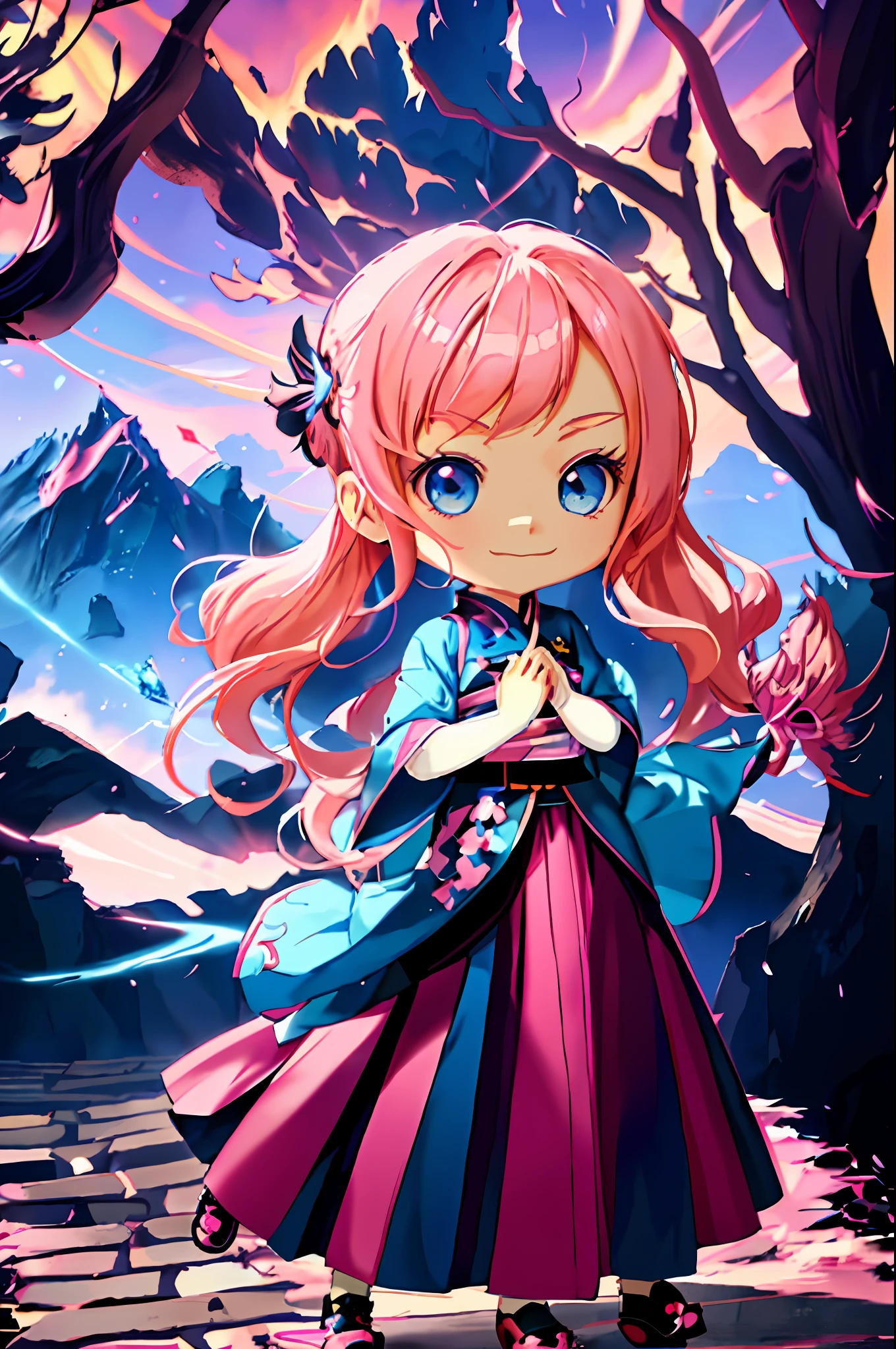 anime girl with pink hair and blue eyes standing in a path, stylized anime, anime style 4 k, anime art wallpaper 4k, anime art wallpaper 4 k, anime fantasy illustration, anime styled digital art, splash art anime loli, anime art wallpaper 8 k, cute detailed digital art, advanced digital chibi art, digital anime illustration, anime in fantasy style