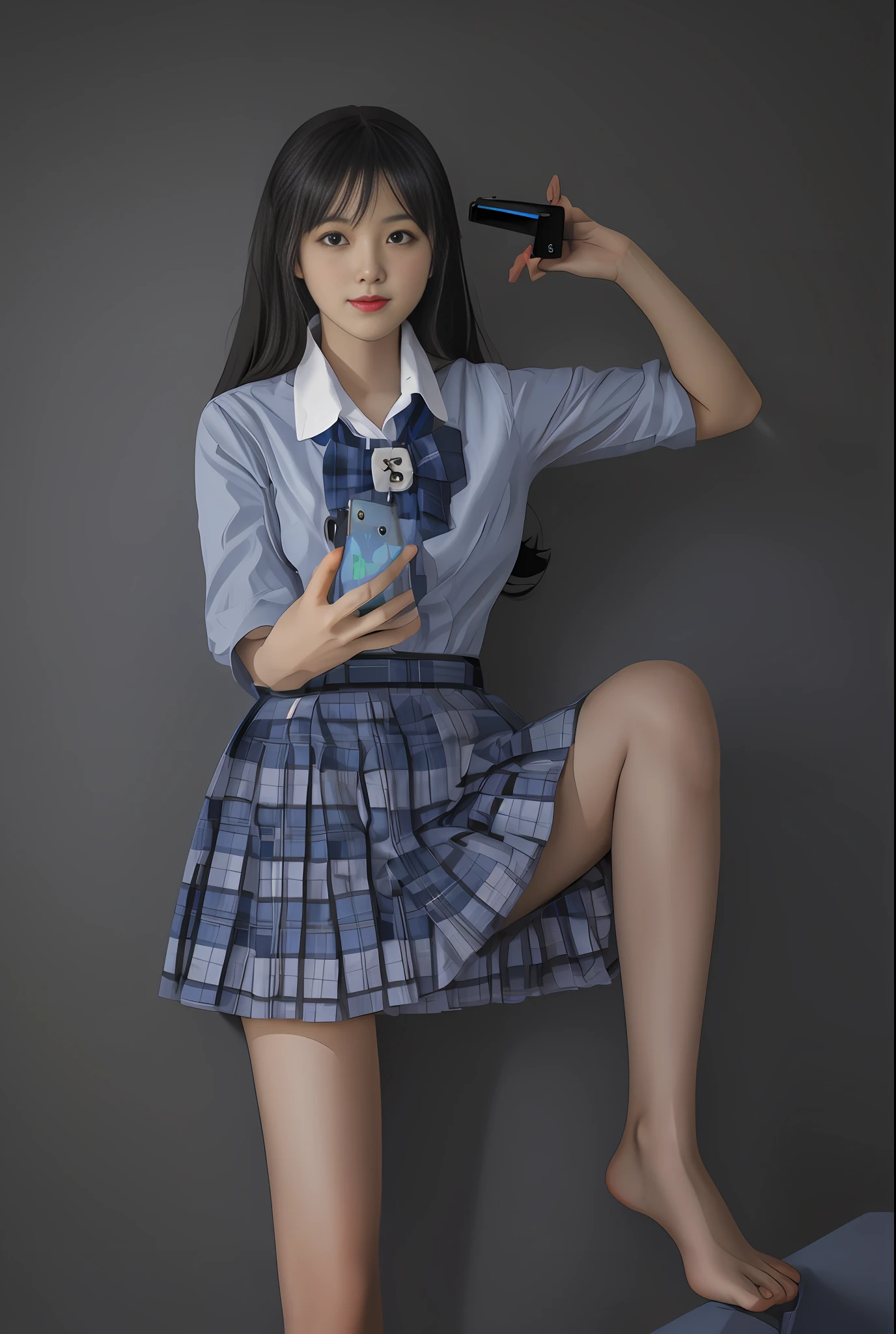 Woman holding camera skirt and shirt, magical school student uniform, japanese schoolgirl uniform, jk uniform, cute schoolgirl, plaid skirt, super short blue plaid skirt, school uniform, wearing school uniform, holding a mobile phone, Seifuku, Japanese school uniform, white shirt and gray skirt, dressed as a schoolgirl, surreal schoolgirl, surreal schoolgirl, fingers, black silk beautiful legs