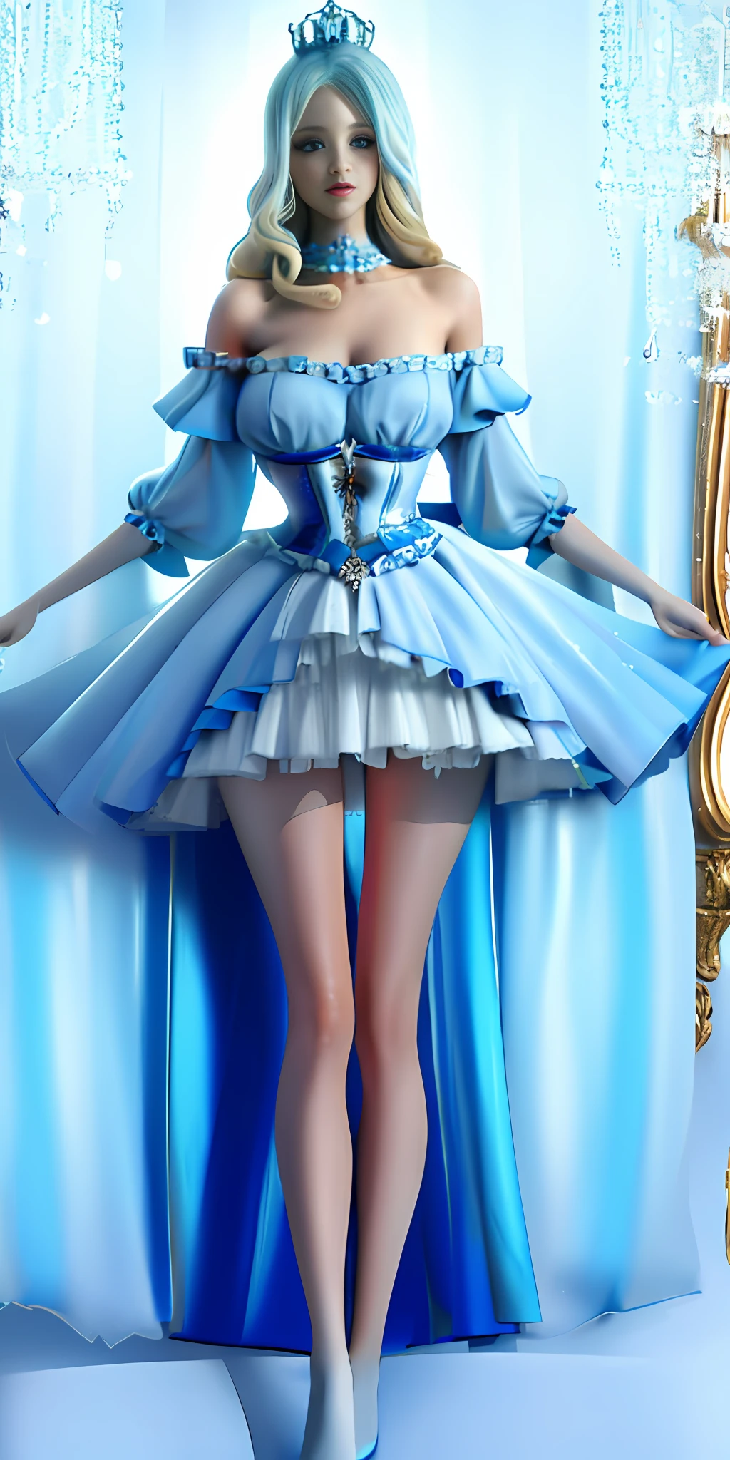 [blue:aqua:0.65] theme, masterpiece, a girl's masterpiece, detailed visual art, blue eyes, light blonde hair, long hair, collarbone, royal princess, elegant, gorgeous quinceanera corset, corset piercing, detailed layered skirt, [detailed frills: 0.1], [frilled dress: 0.1], embroidery, [details princess dress: 0.1], off-the-shoulder, big breasts: 1.3, open crotch, thigh seam, garter belt, groin, [NSFW| uncensored], (simple background: 1.1), low-winged, full-body