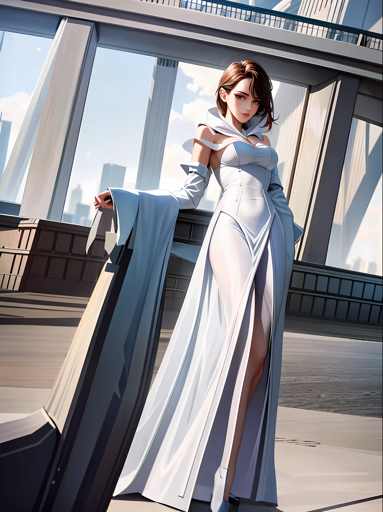 **Dramatic editorial fashion photoshoot of a beautiful female Model waering an outfit inspired by Santiago Calatrava's Architecture, Against the backdrop of City of Arts and Sciences in València, Digital photography, 30 mm, F/22, Clear sharp focus --ar 9:16 --q 2 --s 750 --v 5 --q 2 --s 750 --v 5**