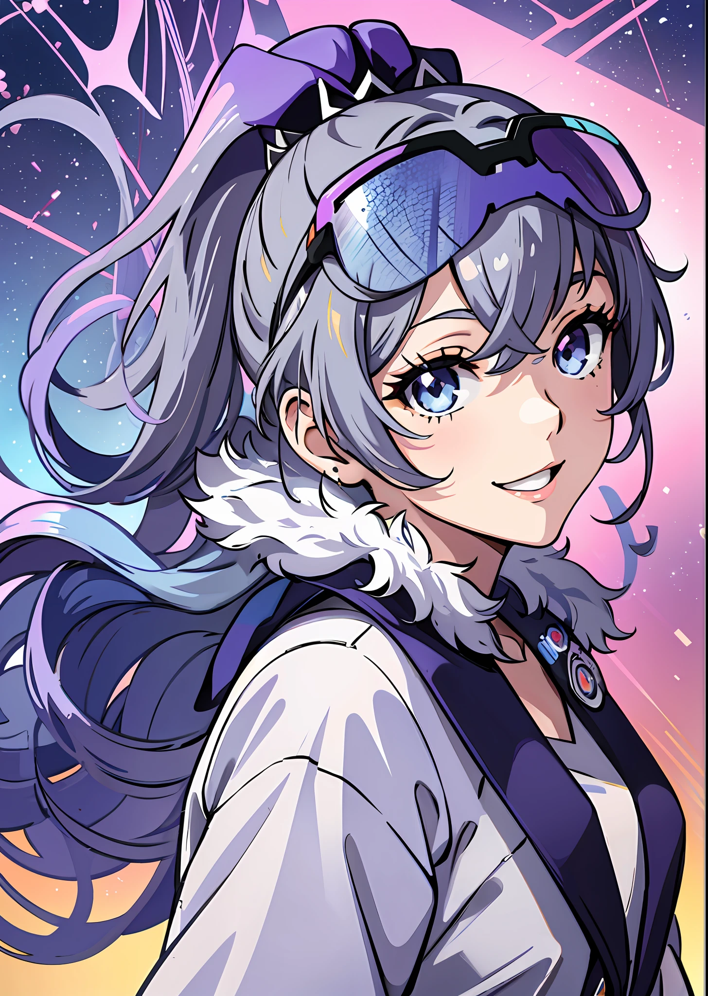 ((masterpiece)), super high quality, curly high ponytail girl, gray hair, blue-purple gradient ski goggles, functional wind, smile, smile without teeth, white dress, dynamic pose, golden section, lens highlights focus, large aperture, side light effect, clear details, bright tones, very impactful picture, clear brush, rich details, vivid eyes, upper body appearance, white space at the top of the picture