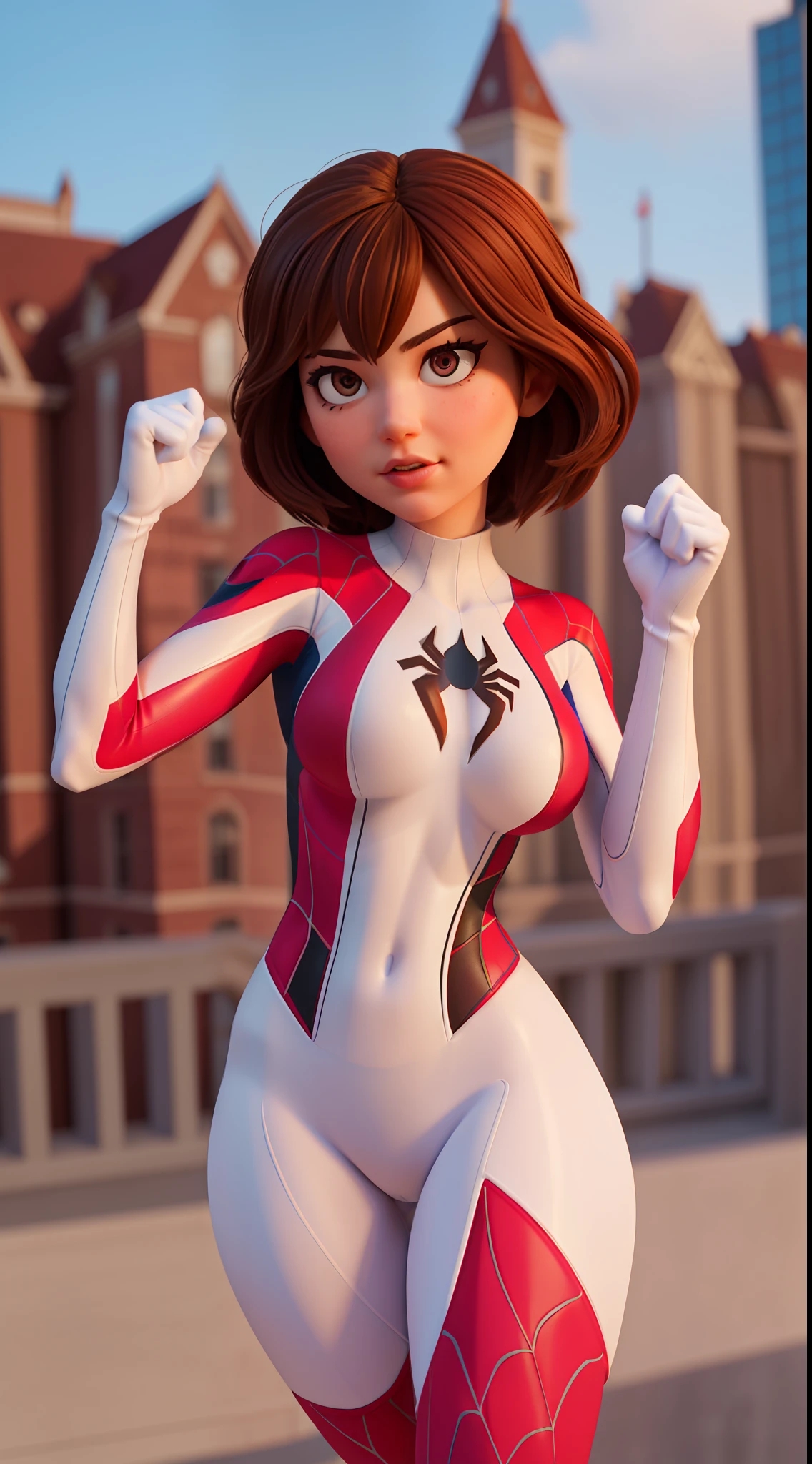 masterpiece, best quality, intricate, high quality, realistic, 1girl, extremely beautiful and pretty spider-gwen, large breast, spiderman outfit, signature pose, dynamic angle, beautiful detailed eyes, (brown hair:1.2), spider sense