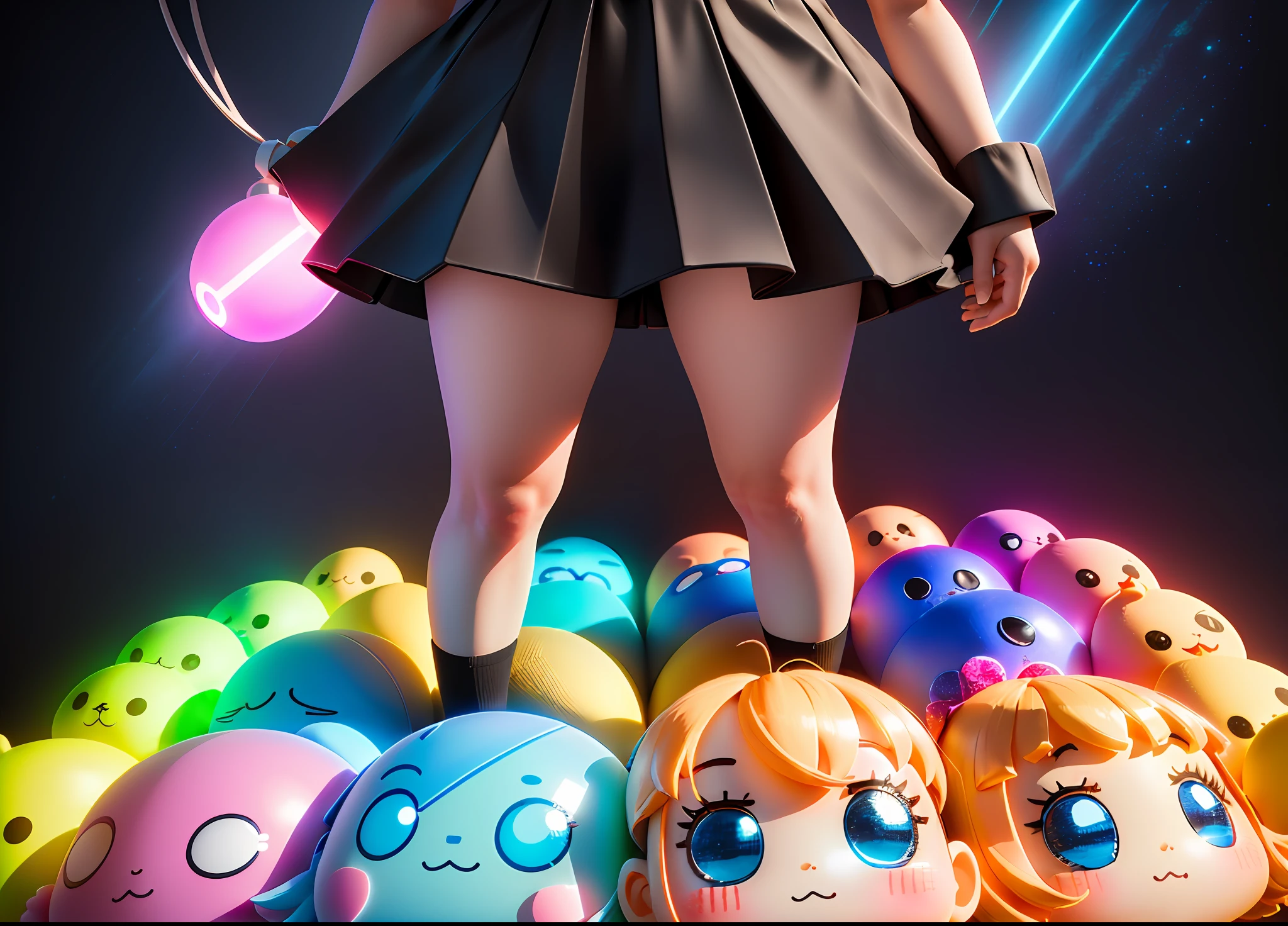 Super cute girl full body 3D map, 1, good-looking eyes, big eyes, cute, happy, c4d, pop Matt blind box, glowing bubbles, toys, solid color background, chibi, fluorescent light transmission, luminous body, kawaii, doll, T pose, reference sheet, pop mart blind box, Pixar, complex details, 3d rendering, blender, OC renderer, fol body reference sheet, dribble, high details, 8k, studio lighting, loli, petite, child, chibi , SD characters: 1.1