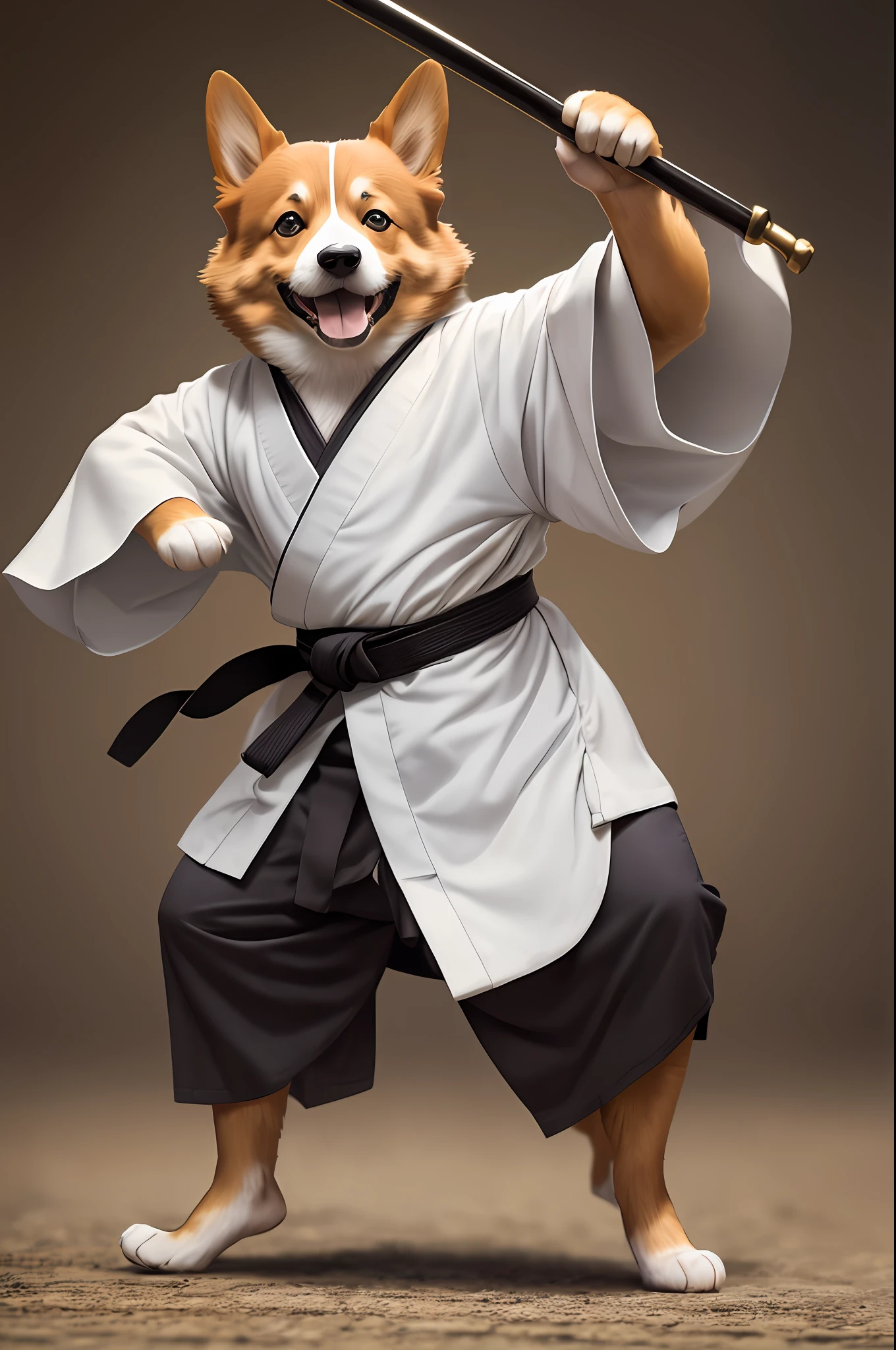 Anthropomorphic corgi, standing on two legs, wearing robes, martial arts moves, playing tai chi, square, lightroom, movie, HDR, original, complex, high quality, soothing tones, intricate details