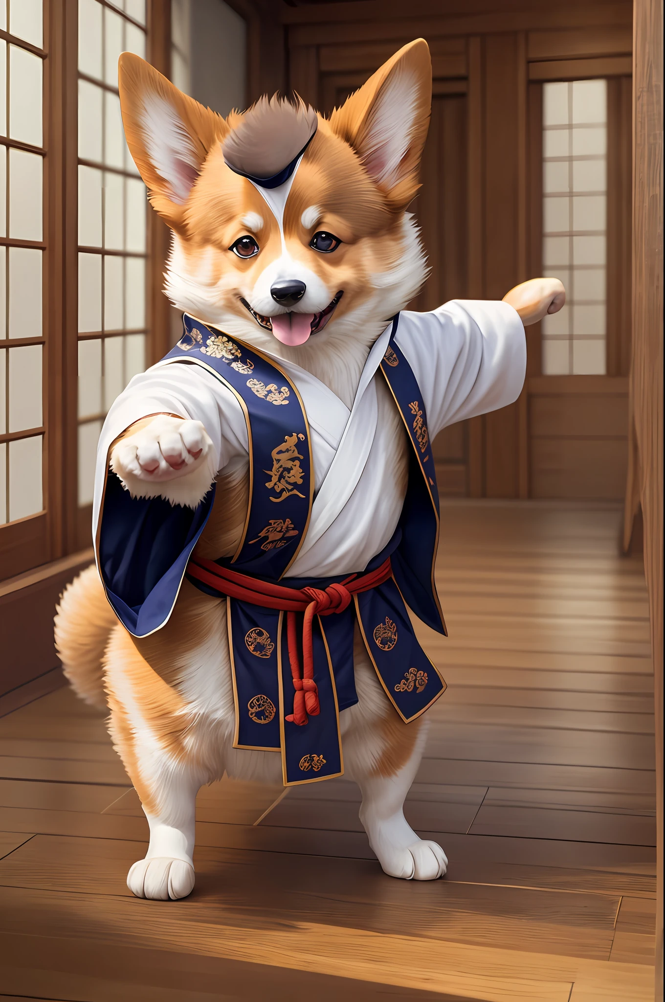 Anthropomorphic corgi, standing on two legs, wearing robes, martial arts moves, playing tai chi, square, lightroom, movie, HDR, original, complex, high quality, soothing tones, intricate details