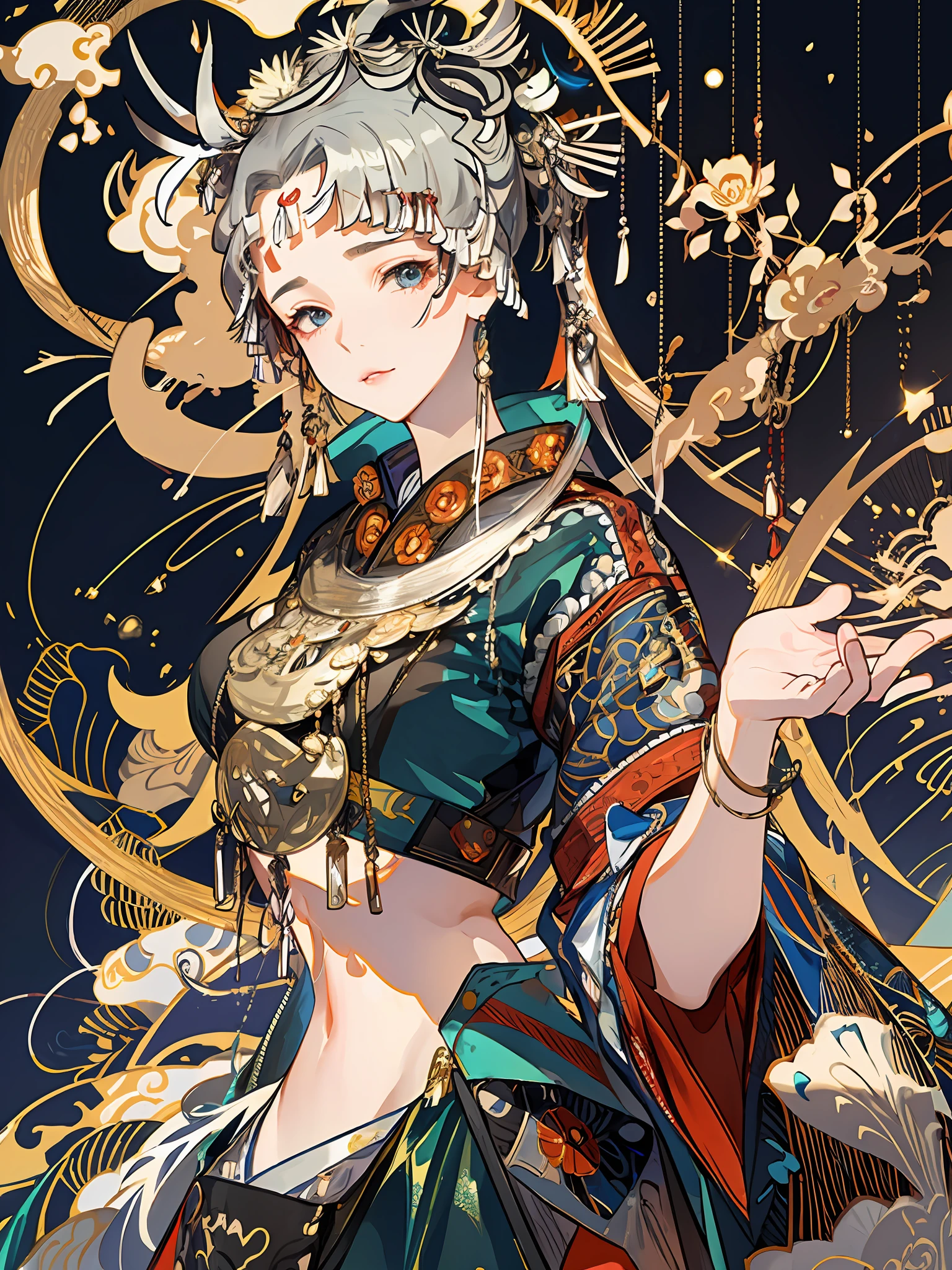 an illustration of a woman in traditional chinese costume, in the style of anime aesthetic, 32k uhd, blink-and-you-miss-it detail, beautiful, anime-inspired characters, beige and aquamarine, close-up,