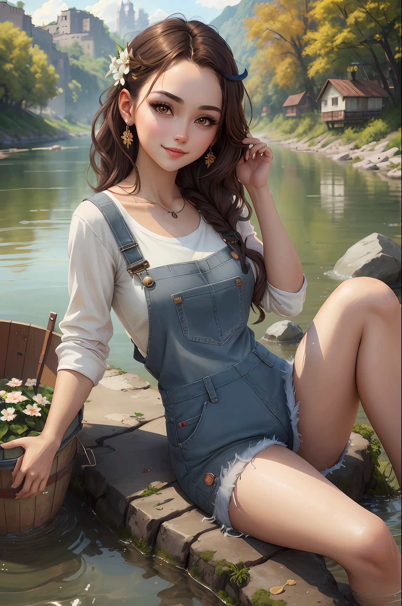Digital art, (pretty girl, brown hair, garland, gray overalls, white shirt, teasing smile, mischievous look), (sitting in a bucket, river in the background, prime time), (intricate, very detailed, professional, glare, artstation trend, realistic, beautiful, HD, 8K), Anna Razumovskaya and Artgerm Lau and Bella Kotak