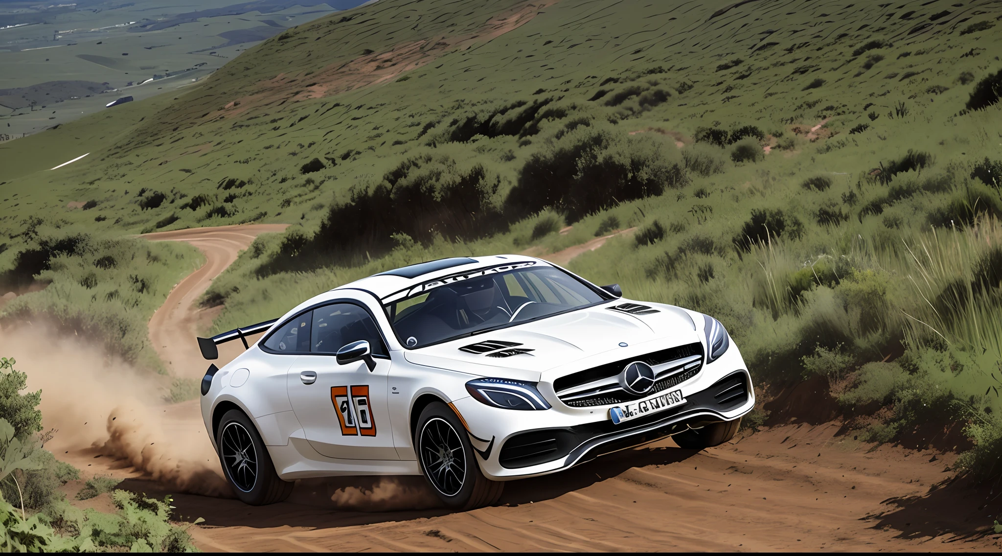 Car off-road race, a Mercedes sports car, traveling on a wild road surrounded by weeds, large rocks,