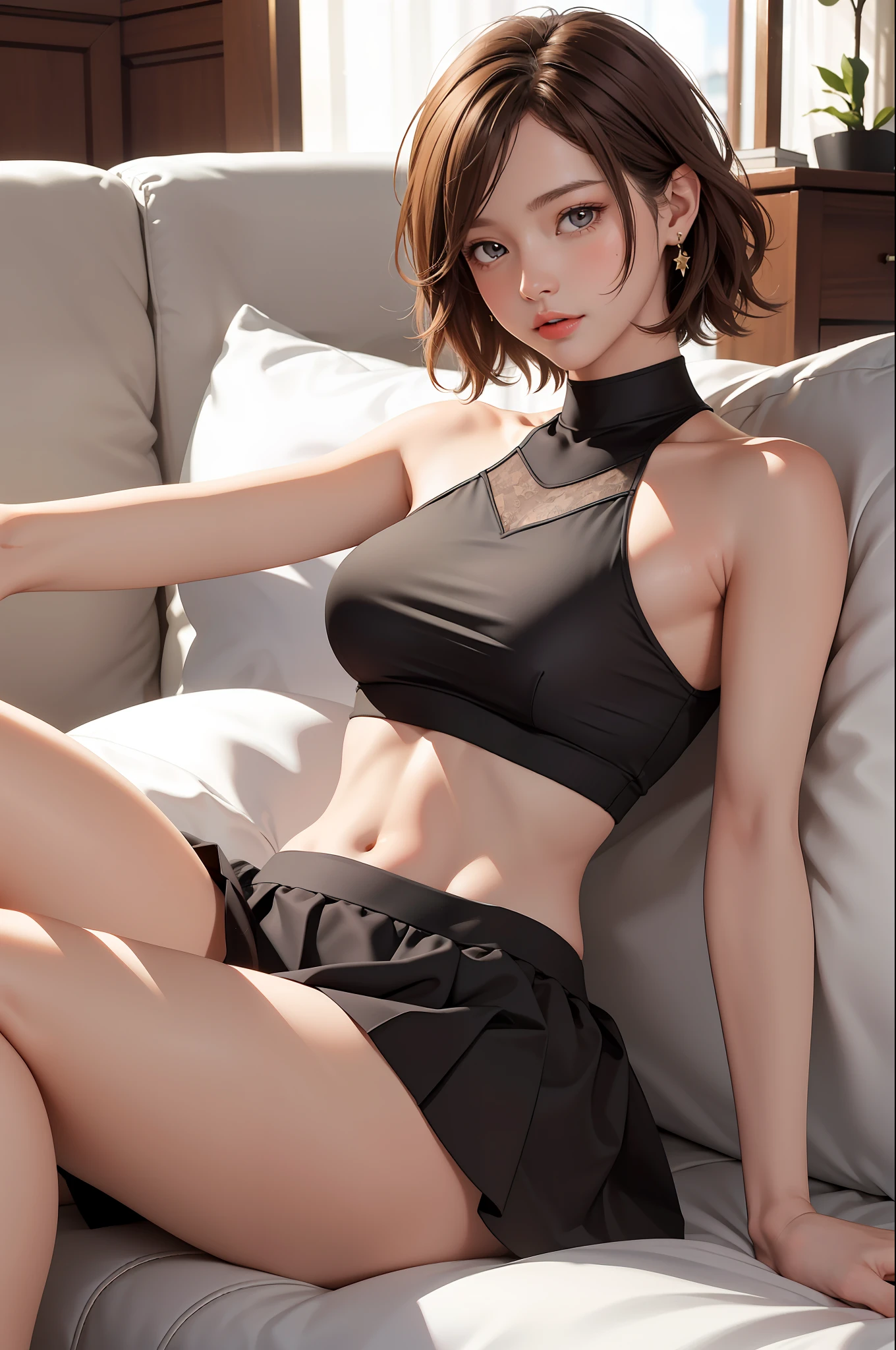 (Masterpiece, Premium Quality: 1.2), Alone, Strong, 1 Girl (MEIKO), Short Brown Hair, Brown Eyes, Lying on the Sofa, Mini Skirt, Armpits, Saggy Eyes, Princess Eyes, Beautiful Eyes, Panties