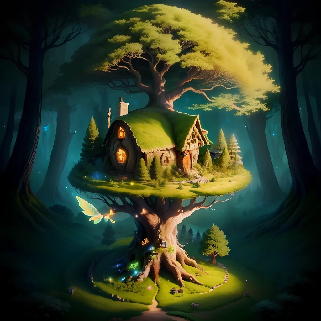 large fairies throwing pixie dust,tree of life on top isolated hobbit house on a hill, include entire tree top,dreamlike creation, 8K-upscale — lighten image-fairies-