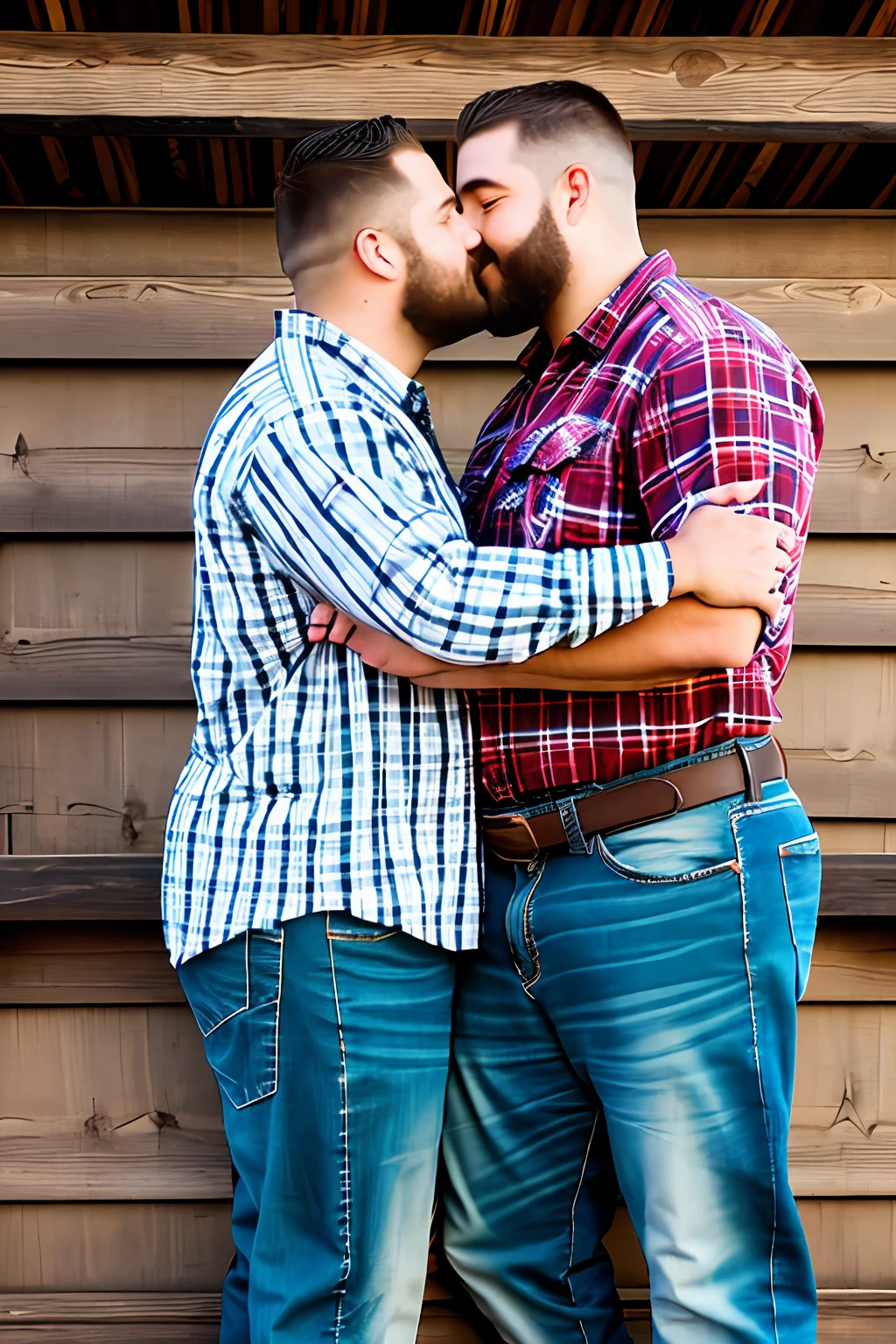 Two lumberjack-style hymens, burly, plaid shirt and battered jeans, safari boots, hugging and kissing passionately. at sunset on a rustic wooden balcony.