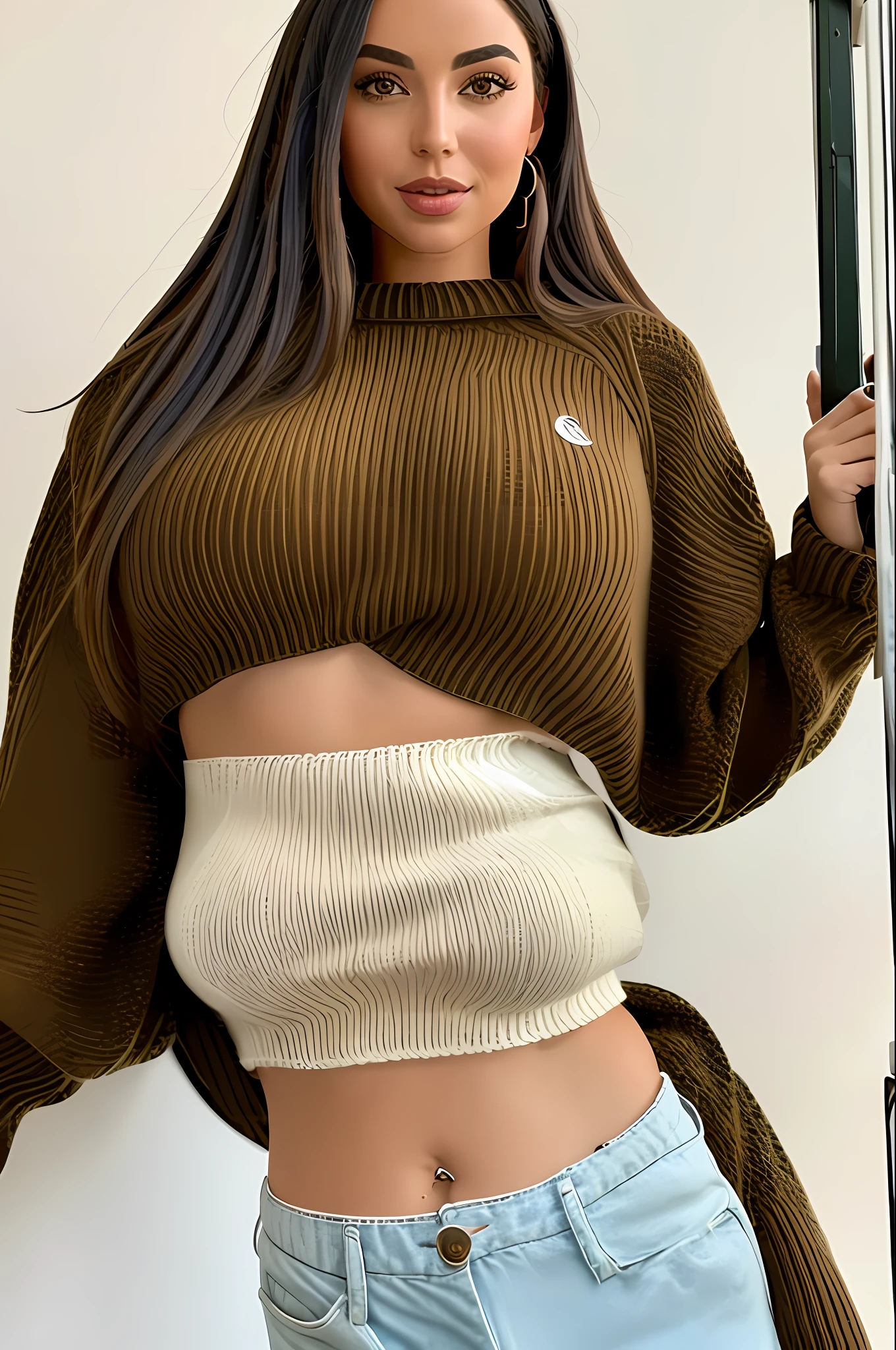 woman, cropped-fc, huge breasts,, btpt-fc, cropped sweater, midriff, sweater, 1girl, detailed face, hanging laterns, illustrated