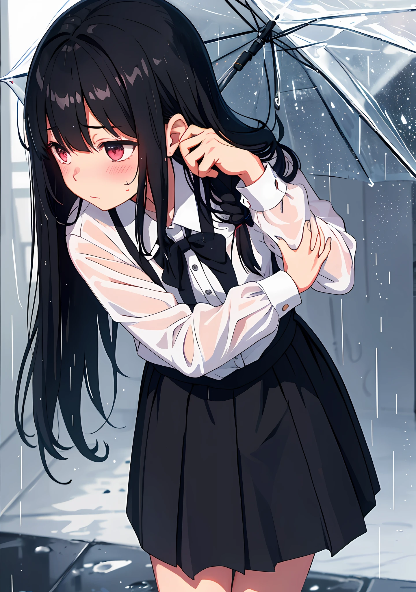 1girl, long black hair,schoolgirl uniform, shy, blush, wet, rain, transparent, (masterpiece, best quality), soft light, cinematic composition, cinematic light