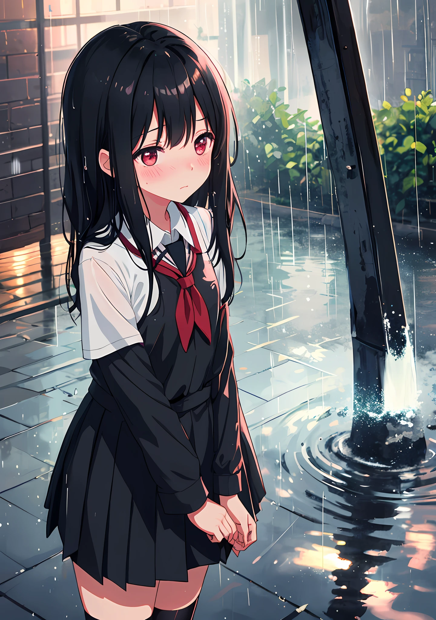 1girl, long black hair,schoolgirl uniform, shy, blush, wet, rain, transparent, (masterpiece, best quality), soft light, cinematic composition, cinematic light