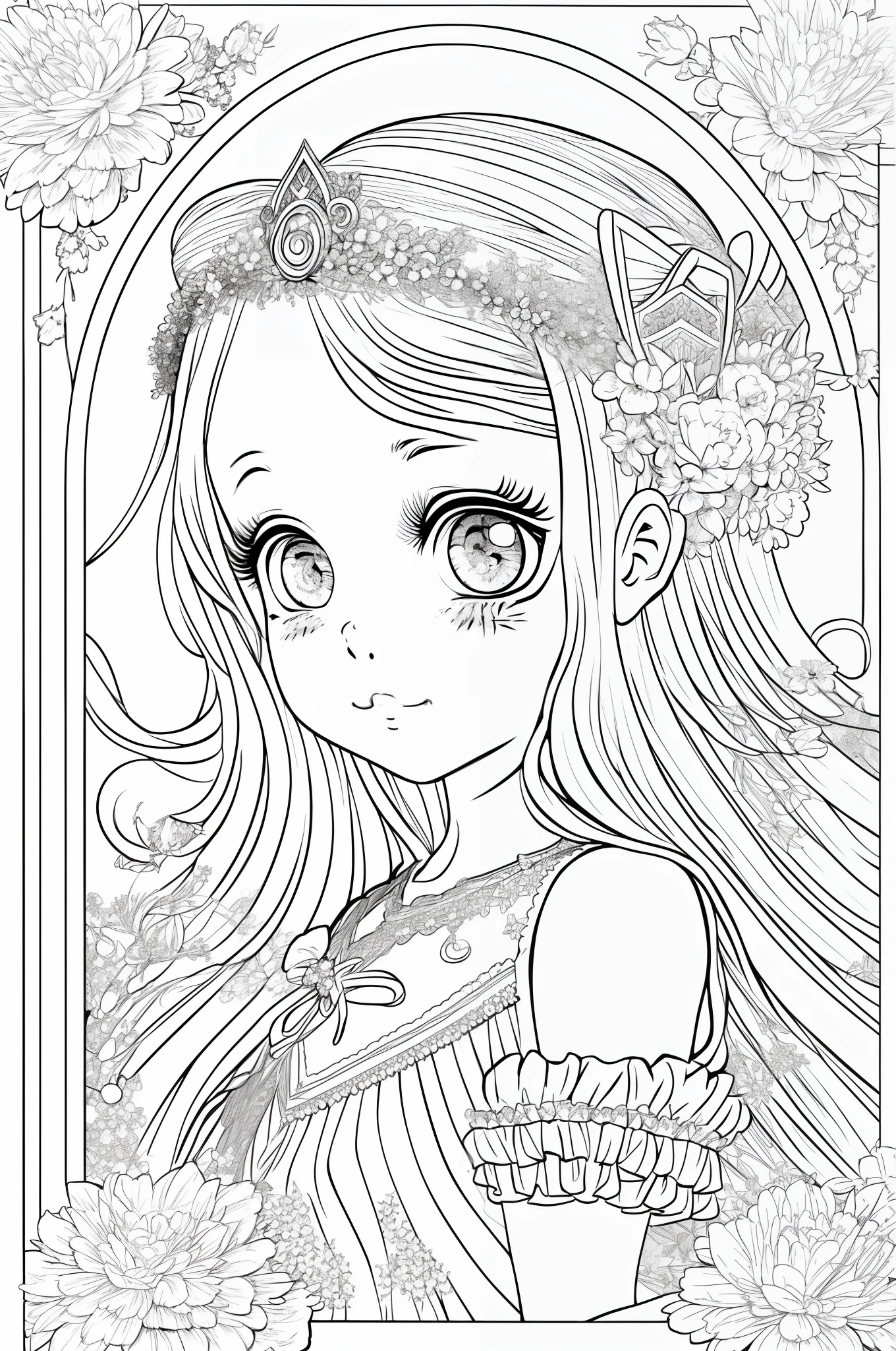 Cute little princess, stunnibg girl,   masterpiece, best quality, lineart, monochrome, white background, black and white, coloring book for children, on paper, full page, free lines, art line high detailed, to print, perfect anatomy, ((white background)), flowers., 2d, 2d. cartoon. Style