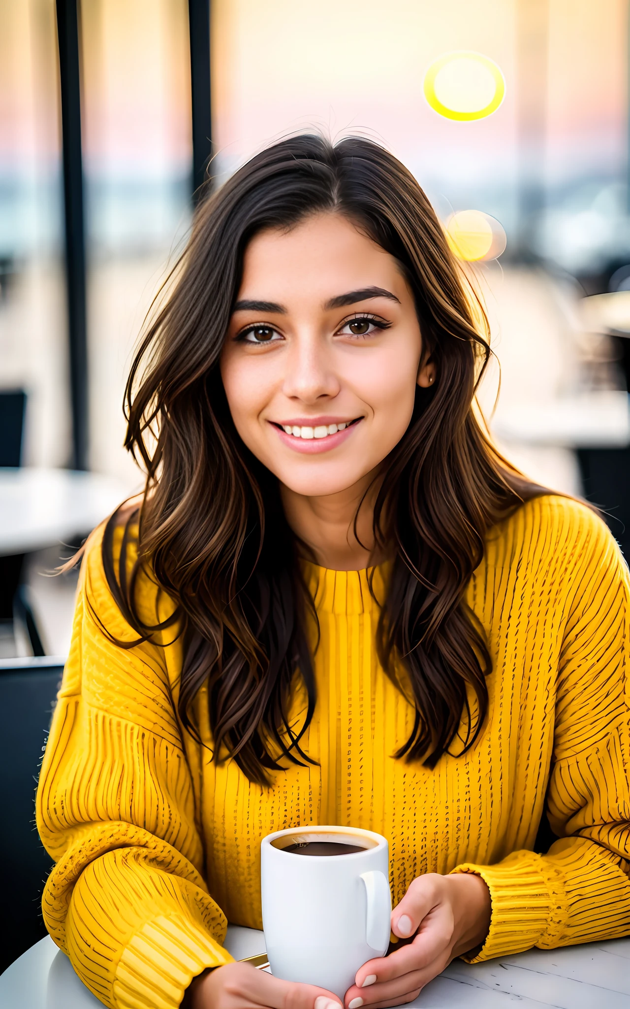 beautiful brunette wearing yellow sweater (sipping coffee inside a modern café at sunset), very detailed, 21 years old, innocent face, natural wavy hair, brown eyes, high resolution, masterpiece, best quality, intricate details, highly detailed, sharp focus, detailed skin, realistic skin texture, texture, detailed eyes, professional, 4k, charming smile, shot on Canon, 85mm, shallow depth of field, kodak vision color, perfect fit body, extremely detailed, foto_\(ultra\), photorealistic, realistic, post-processing, maximum detail, roughness, real life, ultra realistic, photorealism, photography, 8k uhd, photography