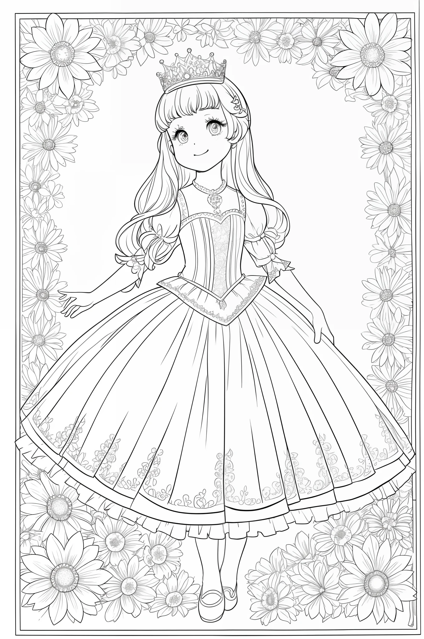 Cute little princess, stunnibg girl, masterpiece, best quality, lineart, monochrome, white background, black and white, coloring book for children, on paper, full page, free lines, art line high detailed, to print, perfect anatomy, ((white background)), flowers., 2d, 2d. cartoon. Style