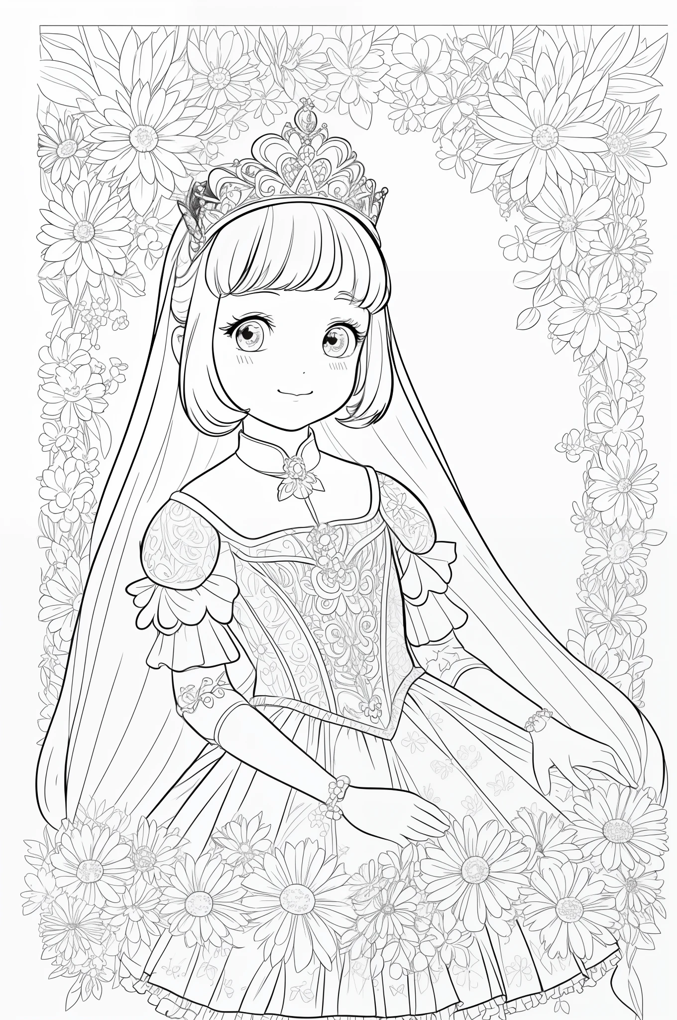 Cute little princess, stunnibg girl,   masterpiece, best quality, lineart, monochrome, white background, black and white, coloring book for children, on paper, full page, free lines, art line high detailed, to print, perfect anatomy, ((white background)), flowers., 2d, 2d. cartoon. Style