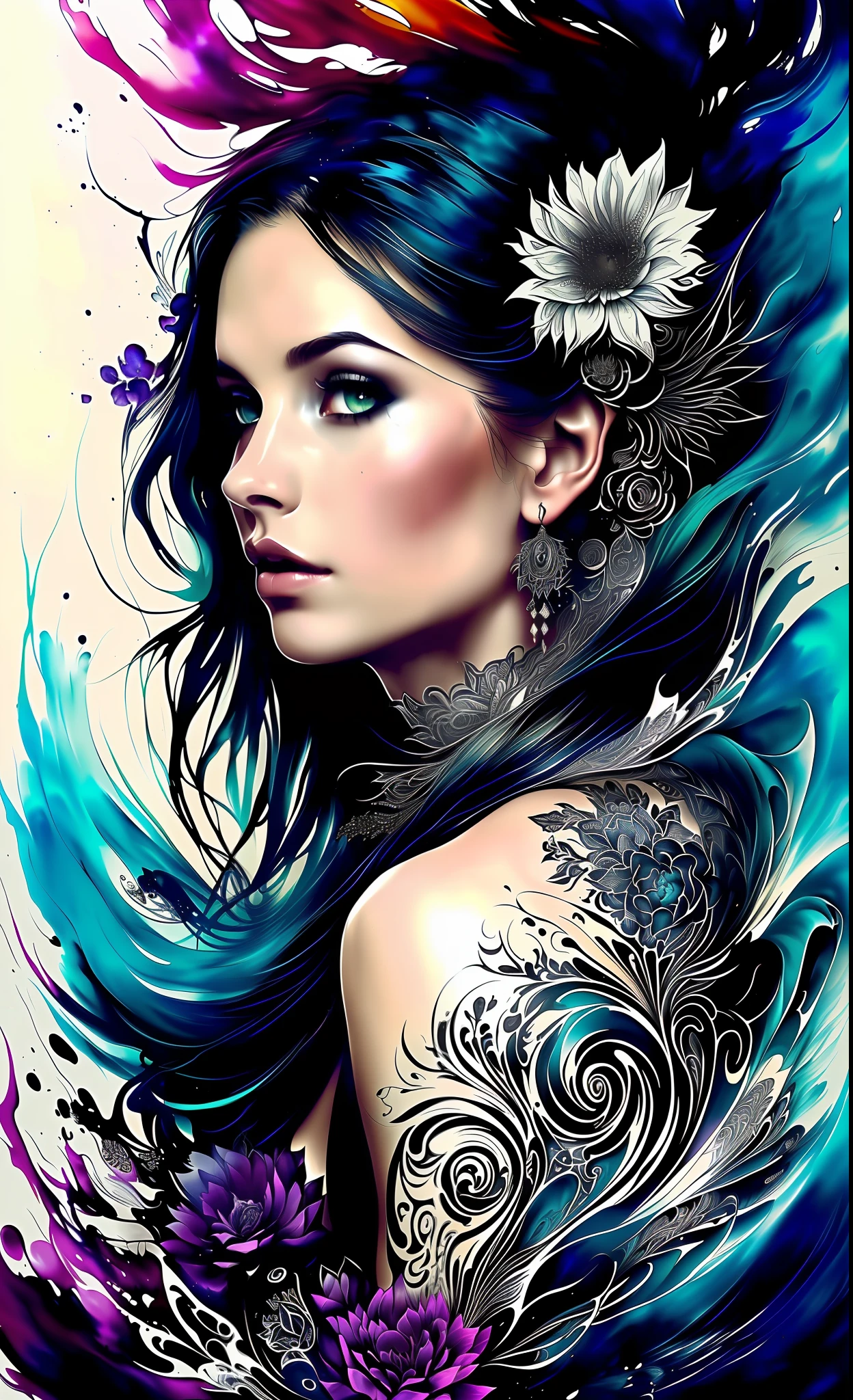 Colorful beautiful woman: Black ink flow: 8k resolution photorealistic masterpiece: by Aaron Horkey and Jeremy Mann: intricately detailed fluid gouache painting: by Jean Baptiste Mongue: calligraphy: acrylic: watercolor art, professional photography, natural lighting, volumetric lighting maximalist photoillustration: by marton bobzert: 8k resolution concept art intricately detailed, complex, elegant, expansive, fantastical
