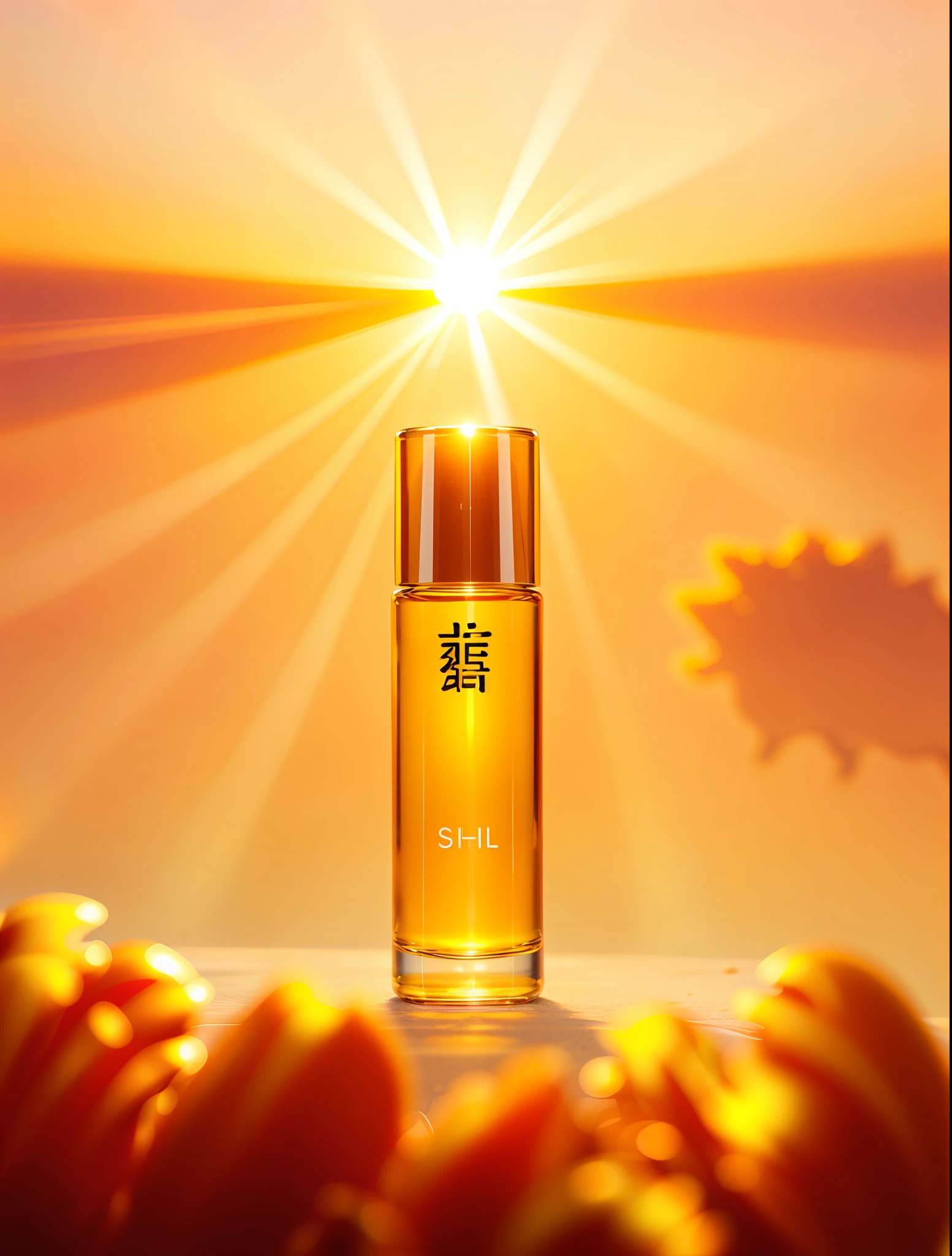 a close up of a bottle of shiseil on a white background, sha xi, ji-min, in volumetric soft glowing mist, jia, honey, diffused natural skin glow, light orange mist, handsome, dewy skin, transparent vibrant glowing skin, highlight, hot, liquid translucent amber, hgh, 4l, gorgeous, shiny skin”, armani
