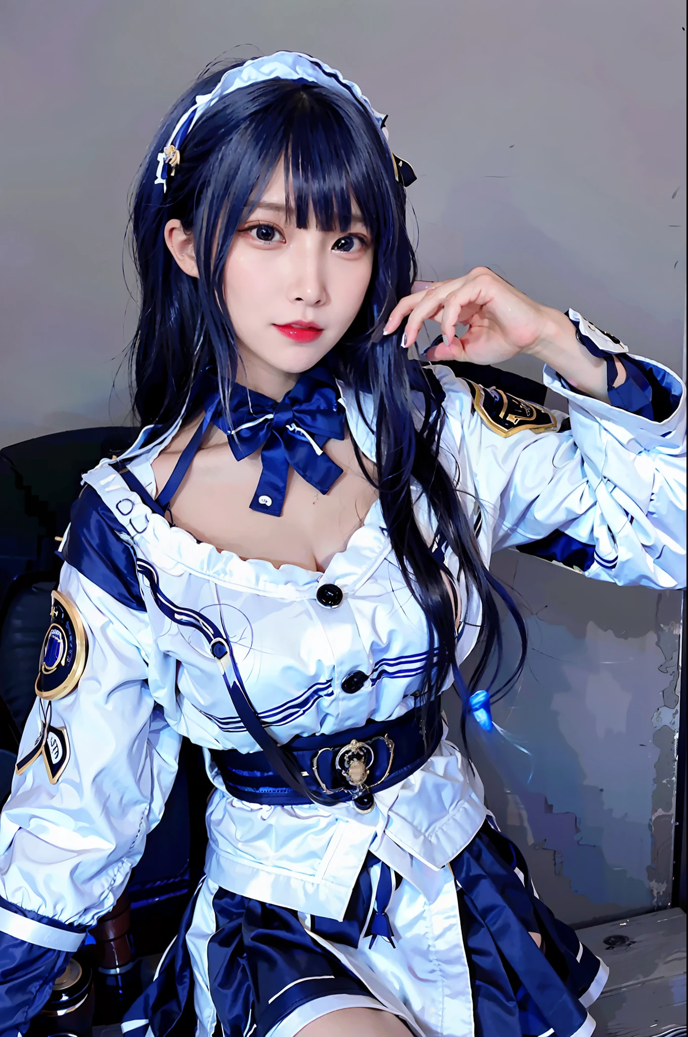 Nennini, (pureerosface_v1:0.66), Top Quality, Ultra High Definition, (Photorealistic: 1.4), 1 Girl, Nice Detailed Eyes, Slim Waist, Blush, Kpop Idol, (aegyo Sal: 1.0), Solo, Perfect Anatomy, (Big), (Cleavage), (Slender), (Black Hair: 1), (Watch the Viewer), Sitting, Legs Crossed, Chair, (original_alice), (light blue tie), (marine blue eyes), (table), (alice_halo:0.7), (blue halo), (smile), (happy), (pigtails), (long hair), (long bang), (blue archive), (black hair belt), (long coat), (uniform), (white long sleeve shirt), (pleated skirt), ( Navy Blue Skirt), (Barefoot), NSFW, Depth of Field, Glossy Skin, Slim Waist, Solo, Perfect Anatomy, Cosplayer