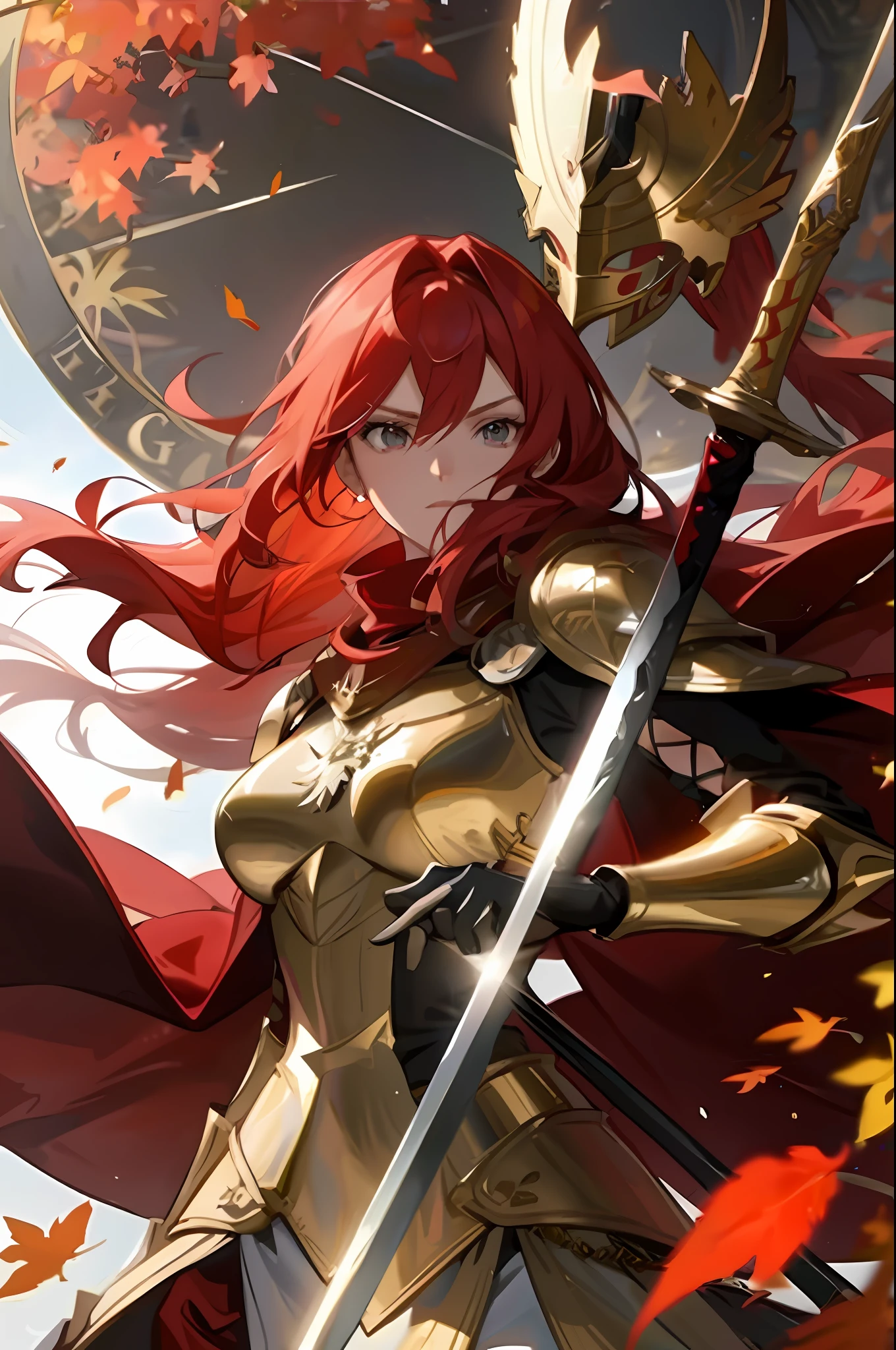 a woman in a red cape holding a sword and a shield, female redhead templar, redhead queen in heavy red armor, armor girl, portrait knights of zodiac girl, portrait knight female, trending on artstation pixiv, (((knight))), cushart krenz key art feminine, by Yang J, female knight, from arknights, light novel cover art