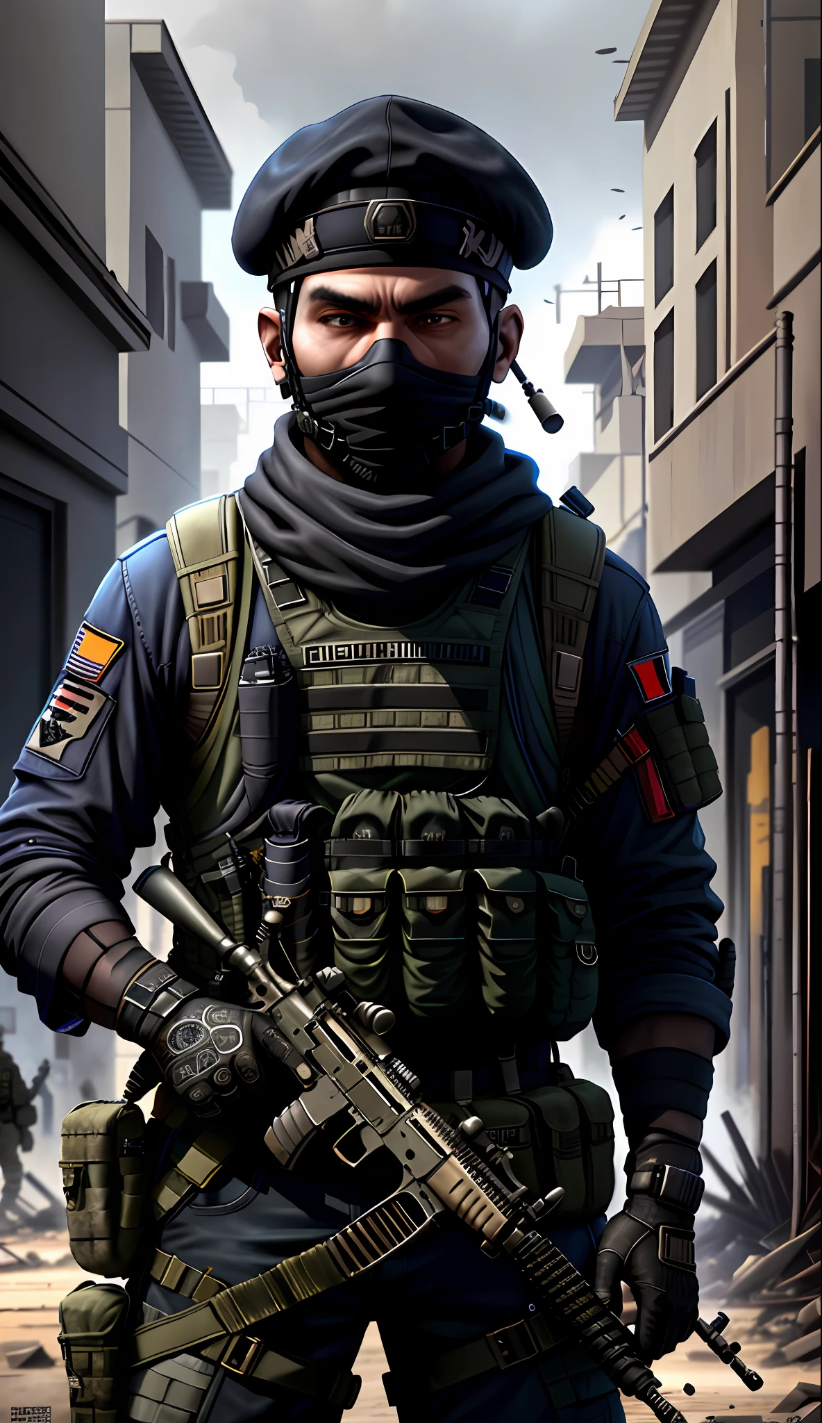 Soldier with black uniform and m4a1 rifle, terrorist, ruined background, realistic, stylish, dark blue beret, black balaclava, tactical vest, intricate details, hyperdetailed, cinematic, rim light, danger atmosphere