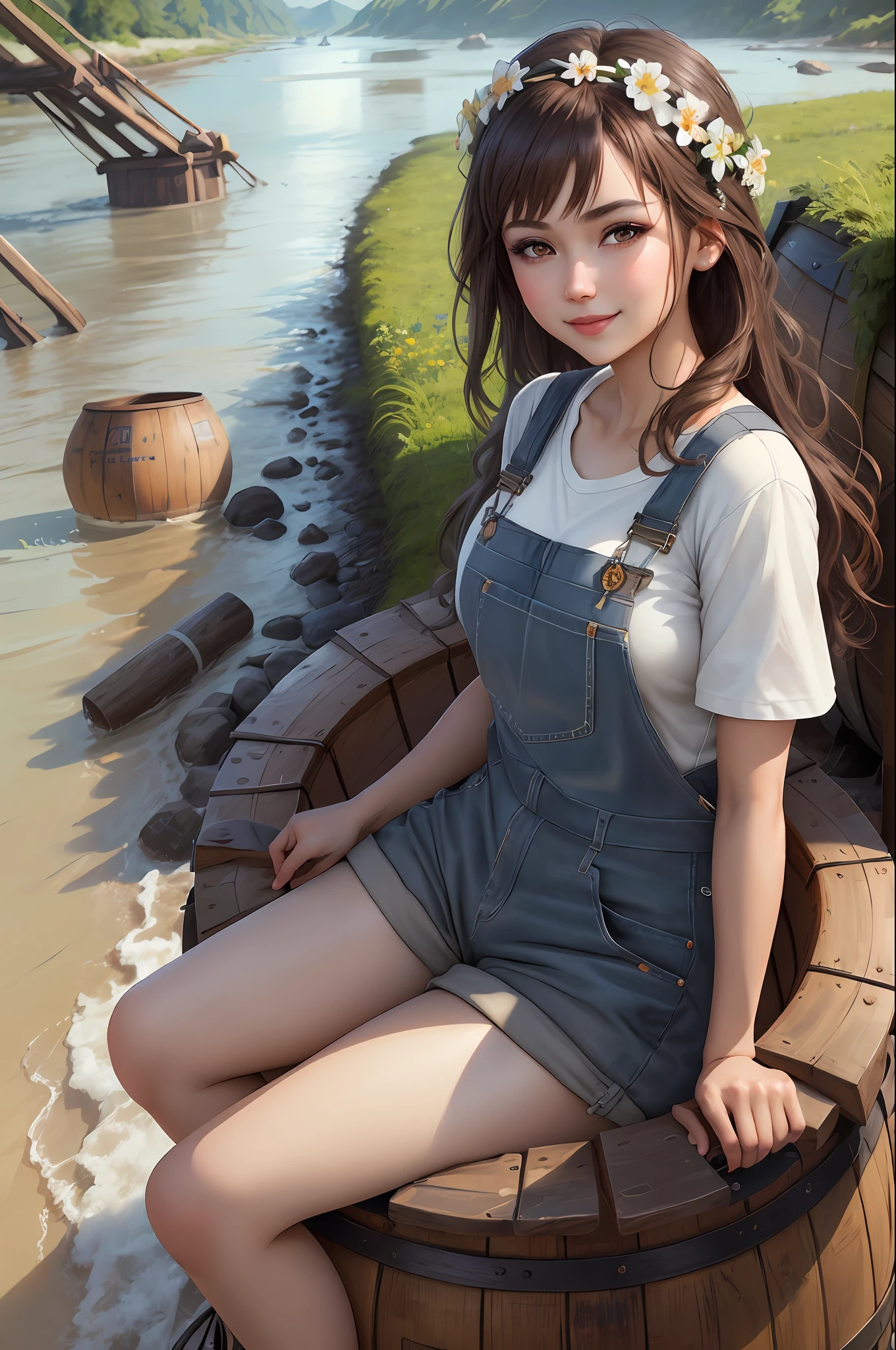 Digital art, (pretty girl, brown hair, garland, gray overalls, white shirt, teasing smile, mischievous look), (sitting in a barrel, river in the background, prime time), (intricate, very detailed, professional, glare, artstation trend, realistic, beautiful, HD, 8K), Anna Razumovskaya and Artgerm Lau and Bella Kotak,