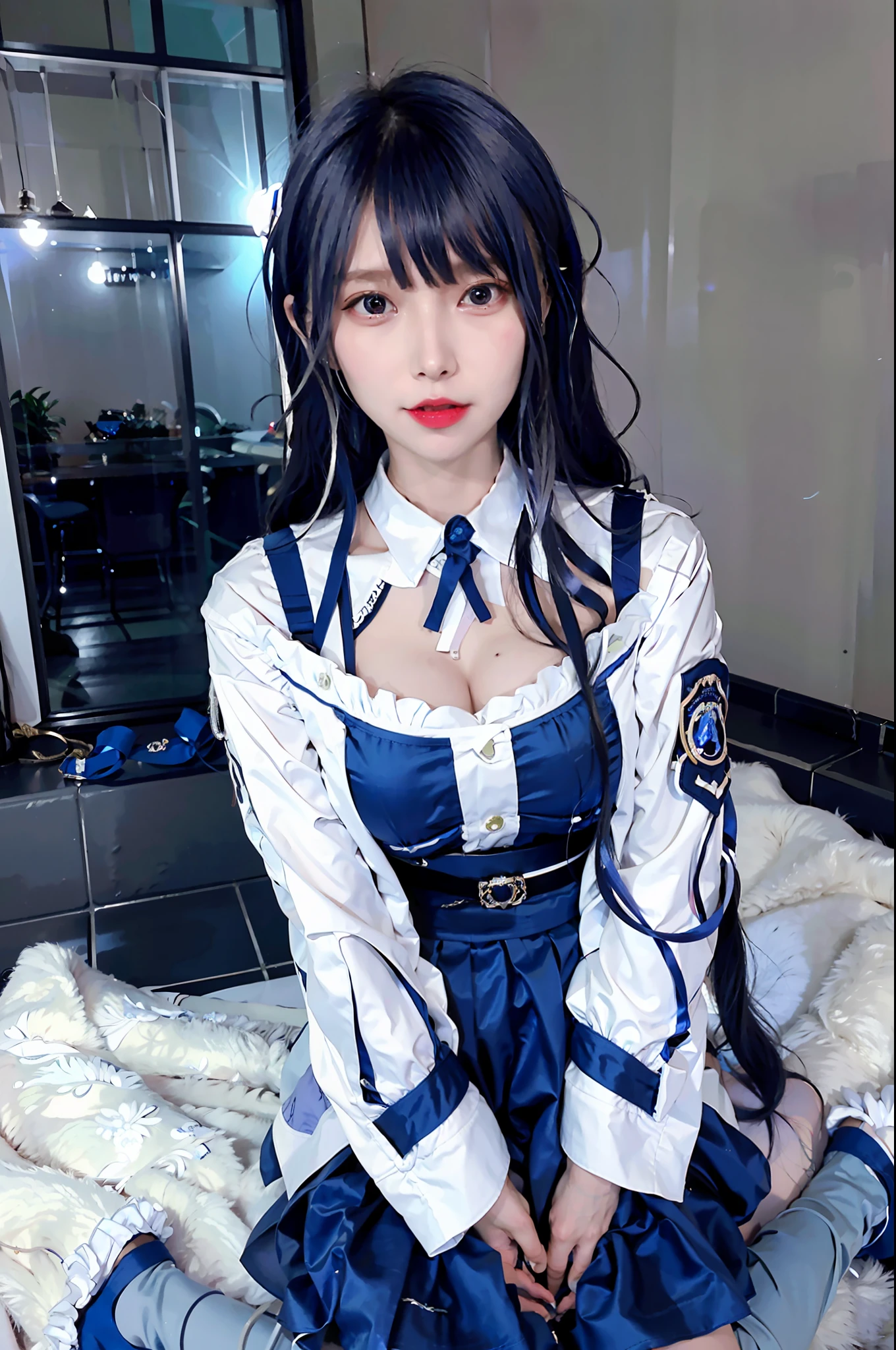 Nennini, (pureerosface_v1:0.66), Top Quality, Ultra High Definition, (Photorealistic: 1.4), 1 Girl, Nice Detailed Eyes, Slim Waist, Blush, Kpop Idol, (aegyo Sal: 1.0), Solo, Perfect Anatomy, (Big), (Cleavage), (Slender), (Black Hair: 1), (Watch the Viewer), Sitting, Legs Crossed, Chair, (original_alice), (light blue tie), (marine blue eyes), (table), (alice_halo:0.7), (blue halo), (smile), (happy), (pigtails), (long hair), (long bang), (blue archive), (black hair belt), (long coat), (uniform), (white long sleeve shirt), (pleated skirt), ( Navy Blue Skirt), (Barefoot), NSFW, Depth of Field, Glossy Skin, Slim Waist, Solo, Perfect Anatomy, Cosplayer