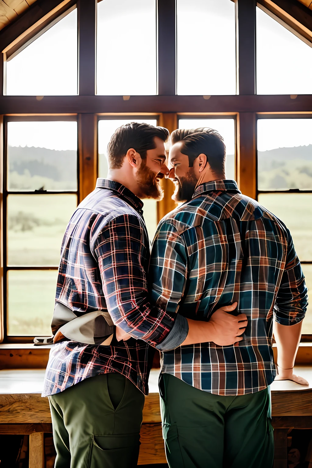 Two men style lumberjack, burly, cap, plaid shirt and safari pants, safari boots, passionately. Posing for the camera, looking at the camera, one of them from behind hugging over his shoulder, smiling, in a rustic farm kitchen, sunset entering only through the window, ambient lighting, photorealism