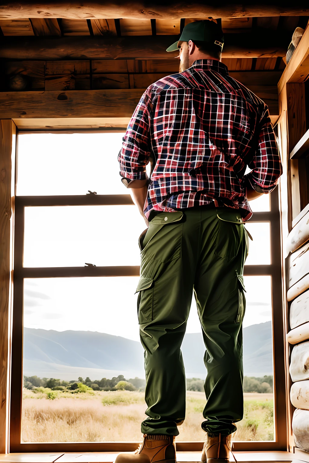 Two men style lumberjack, burly, cap, plaid shirt and safari pants, safari boots, passionately. Posing for the camera, looking at the camera, one of them from behind hugging over his shoulder, smiling, in a rustic farm kitchen, sunset entering only through the window, ambient lighting, photorealism