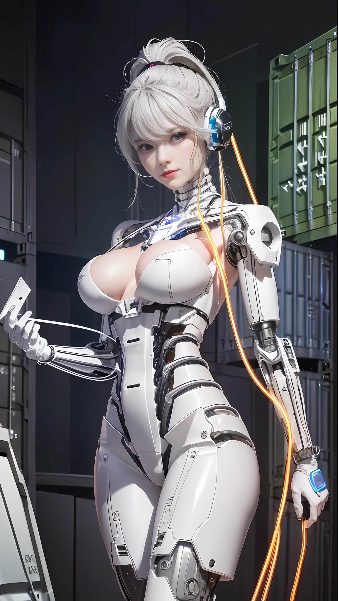 cultivation tank, (16K RAW Photo ),(CanonEOS, Lens, 85mm F1.2, ISO100, ShutterSpeed500), ((nudity)), ((masterpiece, best quality, beautiful and aesthetic:1.0)), ((ultra-detailed)), cinematic light, ((1girl:1.3)), (character focus), smile, looking at viewer, ((white and silver cybernetic implants)), blood vessels connected to tubes, mechanical vertebra attaching to back, ((colored electronic cables and chips:1.0)), (((full of optical fiber cables that are wired in the implanted parts in the body covered translucent metallic skin:1.0))), ((large breasts:1.0)), ((mechanical limbs)), biomechanical, ((Colorful high ponytail)), (machine made joints:0.8), ((mechanical headphones)), ((body of precision machine:1.0)), (wires and cables attaching to body:1.2)), (in container:1.6), (mechanical parts:0.5)