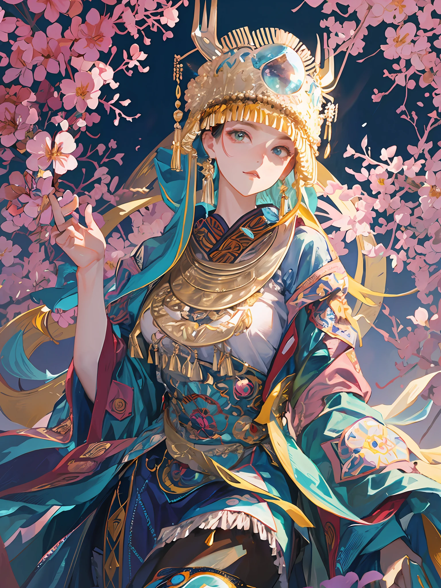 an illustration of a woman in traditional chinese costume, in the style of anime aesthetic, 32k uhd, blink-and-you-miss-it detail, beautiful, anime-inspired characters, beige and aquamarine, close-up,