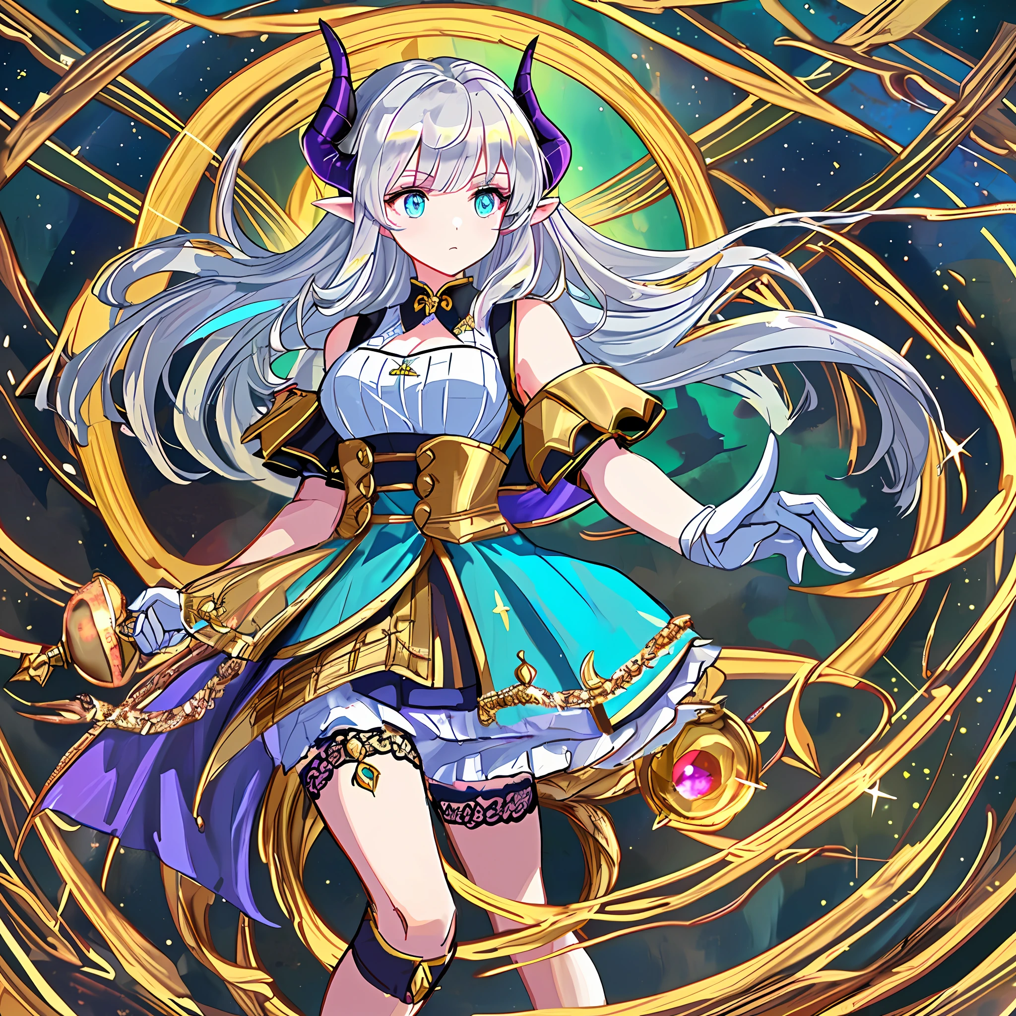 ((masterpiece, best)), 1girl, (mature woman: 1.4), 130mm f1.4 lens, 1girl, solo, pointed ears, mini skirt, looking down, witch, plump breasts, (dragon wings: 1.4), (dragon horns : 1.4), saturated, colorful, prismatic hair, silver hair, colorful eyes