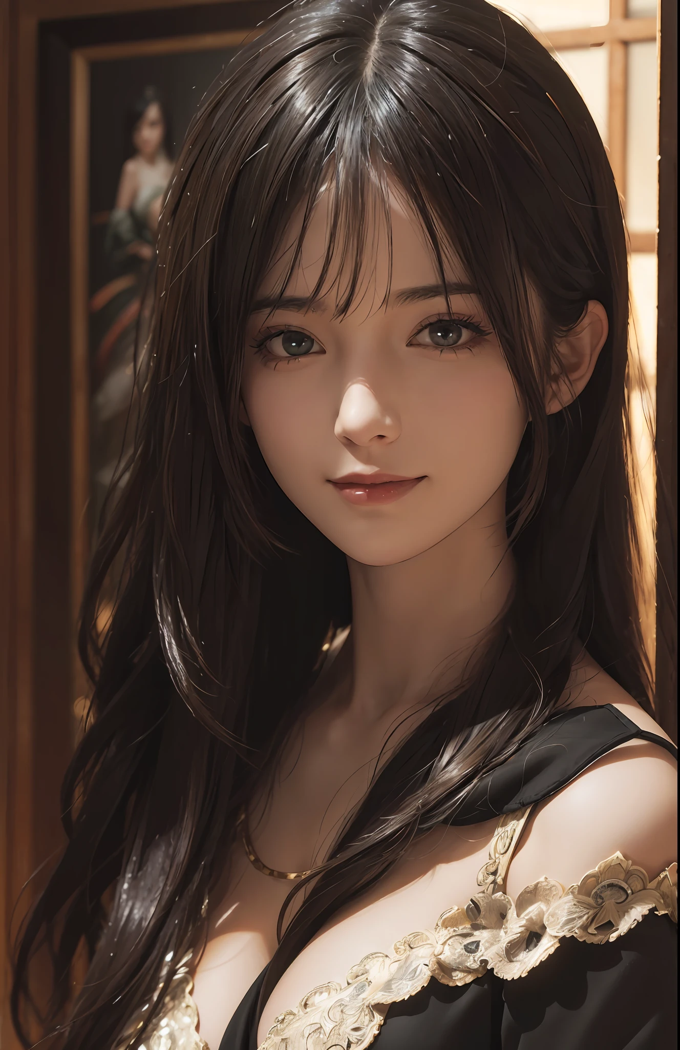 (Ultra Realistic), (Illustration), (Increased Resolution), (8K), (Extremely Detailed), (Best Illustration), (Beautiful and Detailed Eyes), (Best Quality), (Ultra Detailed), (Masterpiece ), ( wallpaper), (detailed face), solo, 1 girl, looking at viewer, fine details, detailed face, in the dark, deep shadows, low key, pureerosfaceace_v1, smiling, long hair, black shawl straight hair , 46 points oblique bangs
