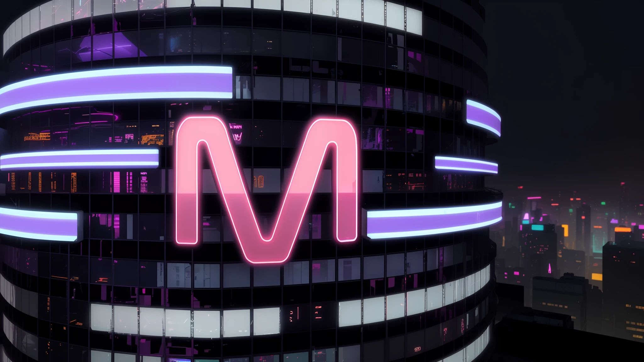 arafed image of a large building with a neon m on it, neon virtual networks, neon motion, twinmotion render, glowing neon vray, neon megacity in the background, cinematic neon matte painting, fim still, neonwave, stylized neon, magenta lighting. fantasy, neon electronic signs, motion graphics, motion graphic, finalrender, neon signs in background
