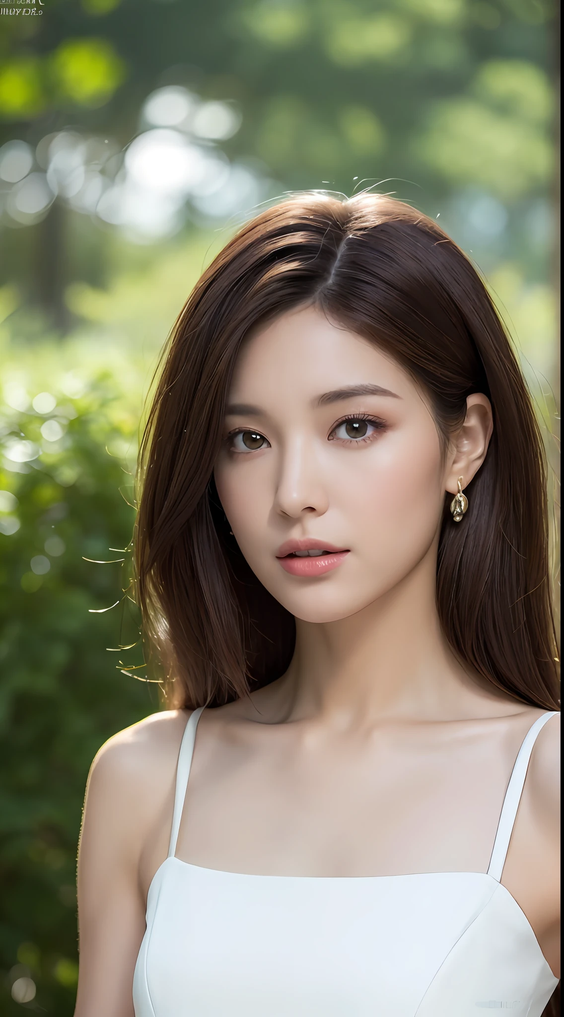 (Realistic lighting, top quality, 8K, Masterpiece: 1.3)), Focus: 1.2, (depth of field), 1 girl, Perfect figure: 1.4, Slim abs: 1.1, (((dark brown hair)), (White dress: 1.4), (Park, Forward Light: 1.1), ultra-fine face, narrow eyes, double eyelids,