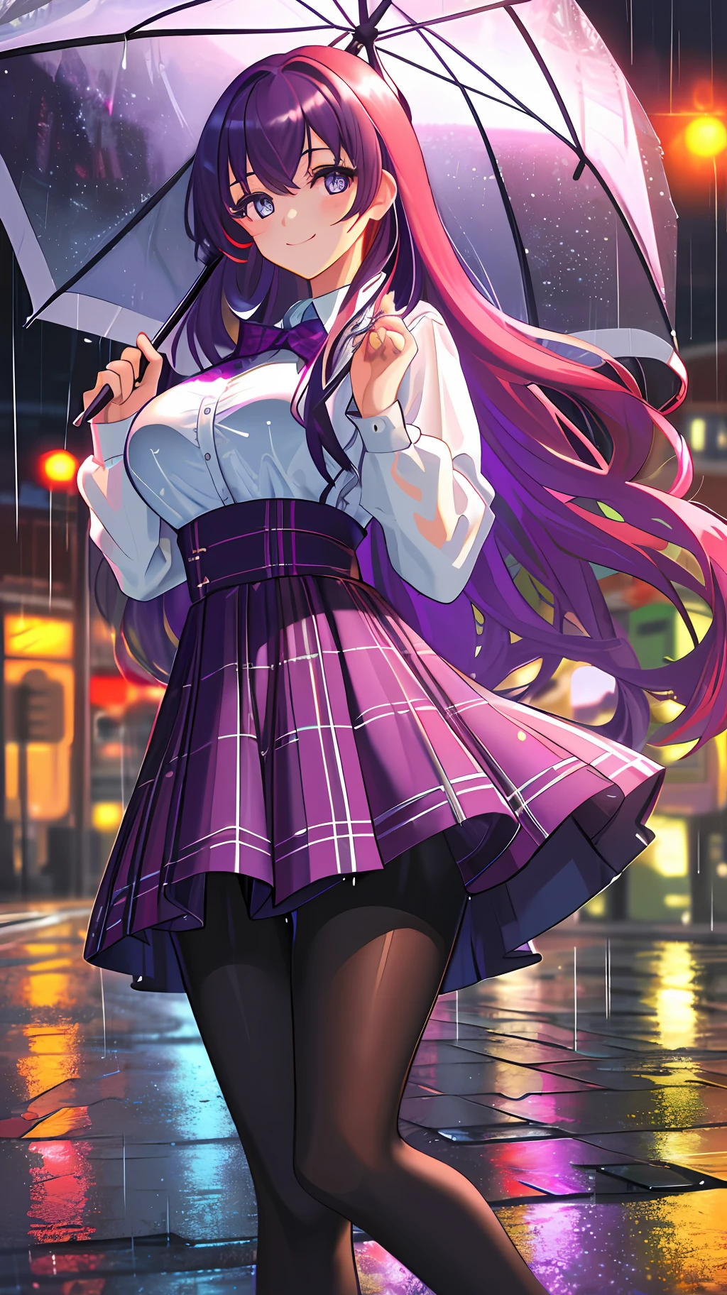 ((Masterpiece)) best quality, high resolution, high detail, Close up, beautiful girl, tighs ticc, big breasts, purple hair, absurdly long hair, pantyhose, plaid skirt, (neon lights), (reflection on wet pavement), (rainy day), on the street, dreams eyes, smile, plaid skirt, multicolored hair,