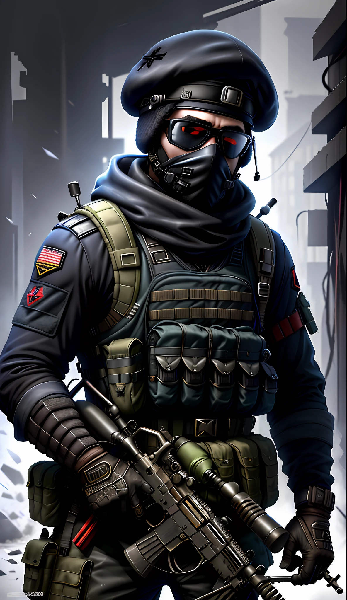 Soldier with black uniform and g36c rifle, terrorist, ruined background, realistic, stylish, dark blue beret, black balaclava, tactical vest, intricate details, hyperdetailed, cinematic, rim light, danger atmosphere
