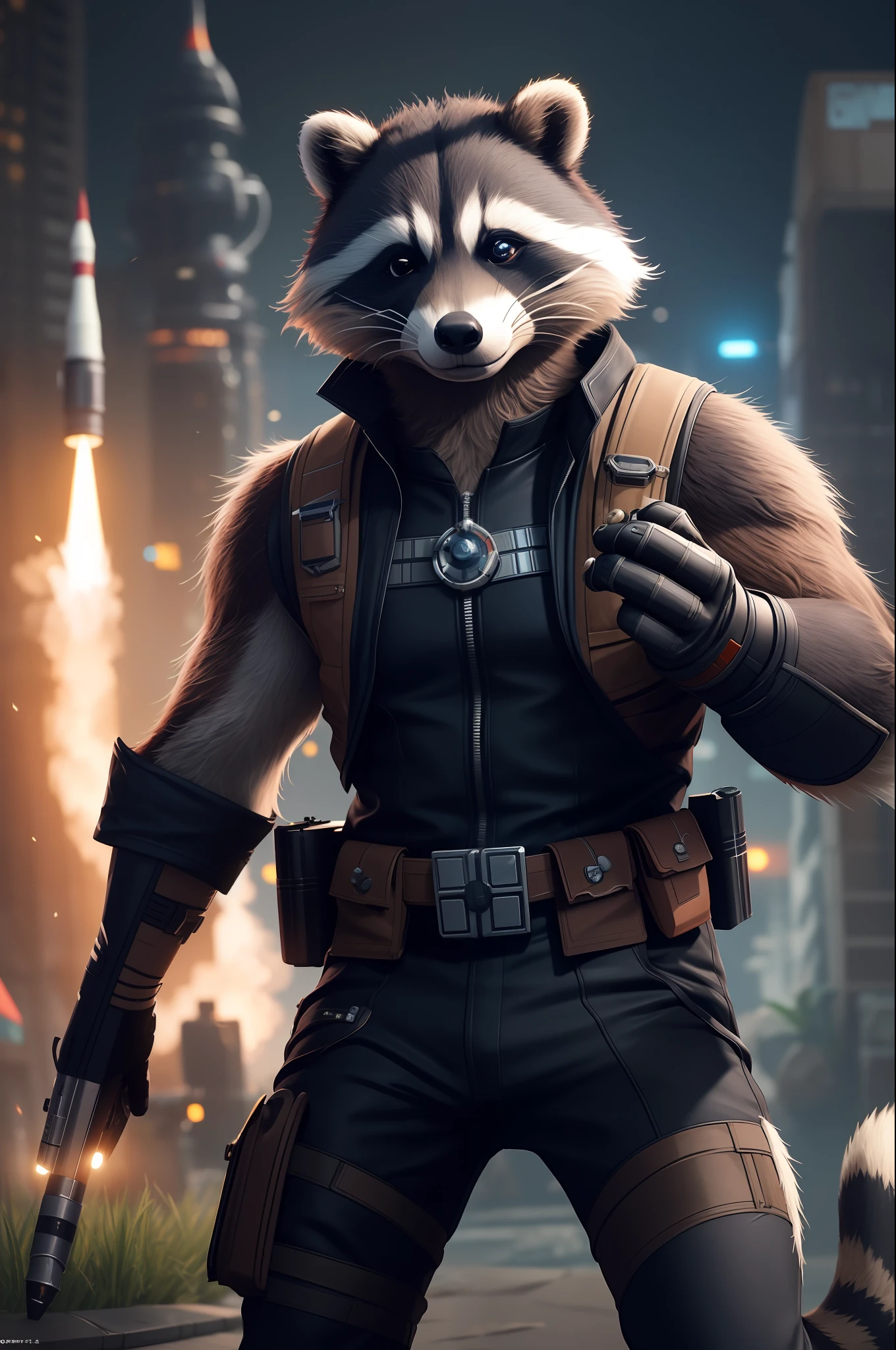masterpiece, ultra-realistic, 32k, highly detailed CG Unity 8k wallpaper, top quality,
(Rocket raccoon: 1.2), (Fish raccoon: 1.2), (Science fiction noir: 1.3)